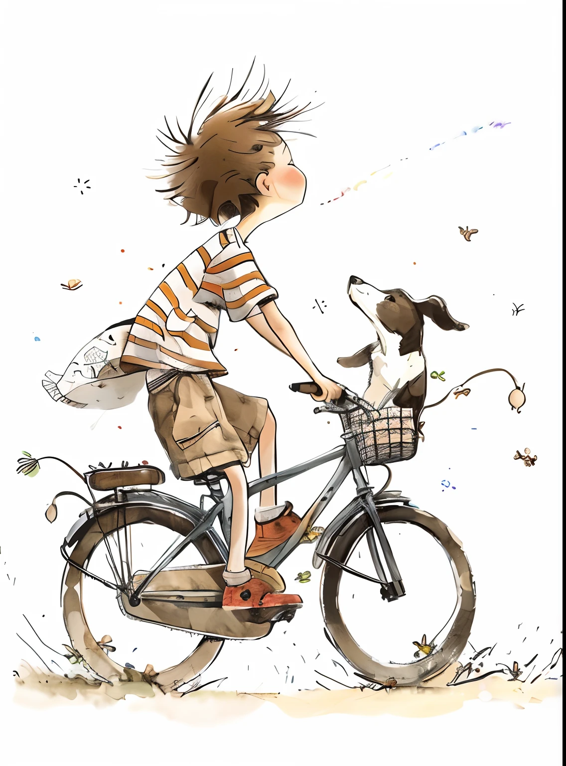 Illustration of a girl and her dog dancing in the wind, cute illustration, Happy girl, funny illustration, author：Alice, Hair fluttering in the wind, Artistic illustration, cute artwork, KIDS ILLUSTRATION, author：Zofia Strijanska, exciting illustration, illustrated in whimsical style, author：Elaine Hamilton, illustration!, illustratio, wind blown，hair flowing