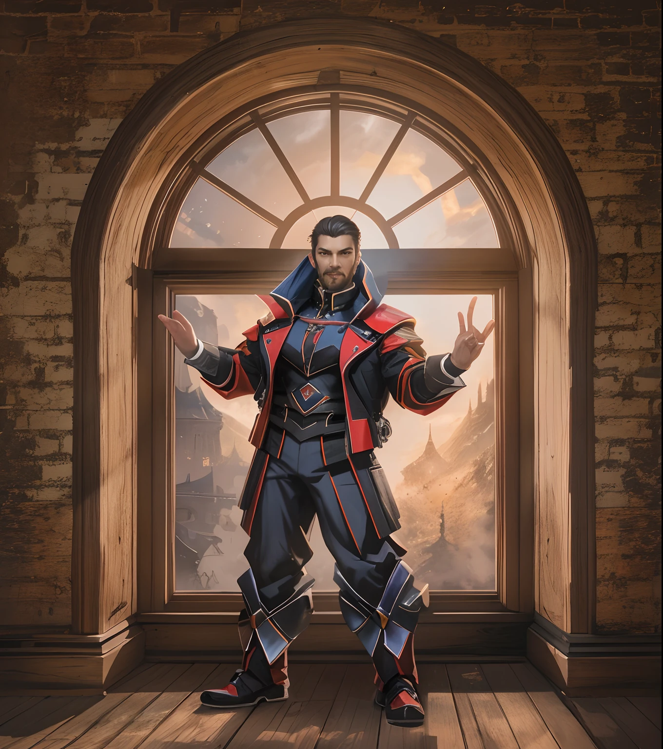 A man stands in front of a window with outstretched arms, Portrait of Professor Sinister, Full-length portrait of a character, Full-length portrait of a character, full art illustration, Character portrait, official character art, Epic character portrait, Full-length portrait of a character, Illustration of an official character, inspired by Johannes Helgeson, D & Full-length portrait in D style