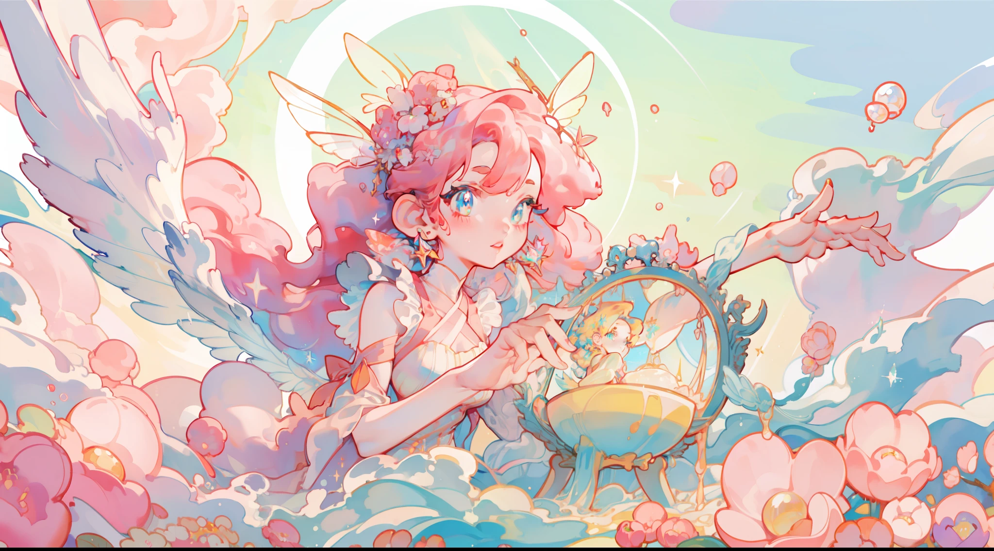 masterpiece, best quality, sharp focus, 8k, intricately detailed environment, anime, watercolor illustration, colorful, bright colors, whimsical, glowing lights, liquid otherworldly, fairy lights, beautiful girl in flowing liquid glowing dress, perfect face, golden ratio, sparkling eyes, watercolor, liquid light, angel wings
