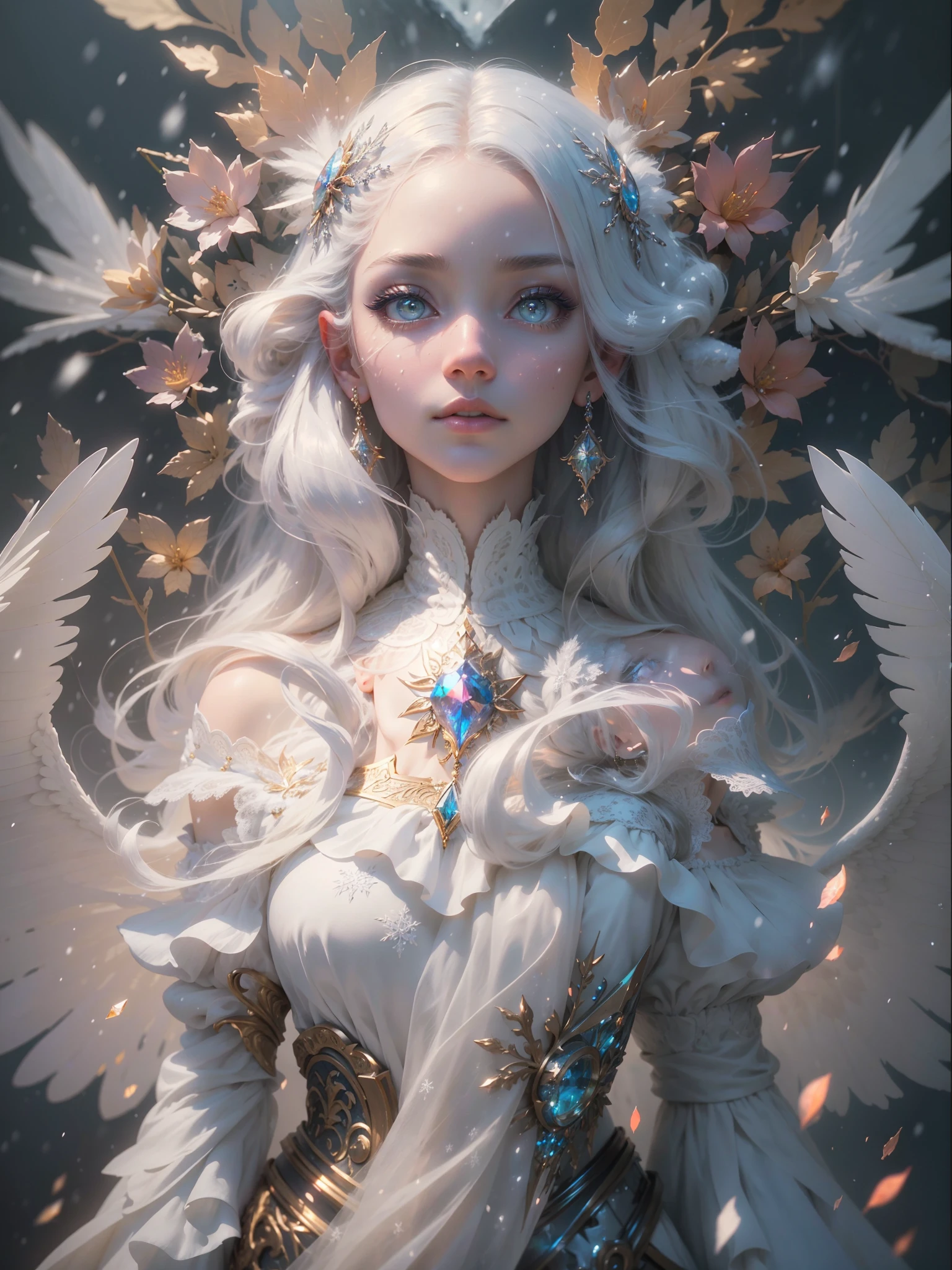 (((masterpiece))), (((best quality))), ((ultra-detailed)),(highly detailed CG illustration), ((an extremely delicate and beautiful)),cinematic lighting. This is a realistic fantasy artwork with contrasting colors and a very mysterious aura. Generate a pure white woman with ((pure white skin)), metallic hair, and bold, colorful eyes. (((Her skin is whiter than snow))). Her face is extremely detailed with realistic shading and her eyes are extremely detailed with absurdly high resolution and bright, bold colors. (((Her eyes are important and must be perfect.))) She has soft, puffy lips. Include many fantasy details such as soft white feathers, beautiful French silk, delicate embroidery, snow, iridescence detailing, phantasmal iridescence detailing, and glitter. Include moonlight, snowflakes, and winterscapes. The character in the artwork is a delicate but strong petite figure with an aura of mystery and magic. The character's clothing should be designed with gossamer feathers, silk, stunning embroidery, and subtle iridescent details. Incorporate dreamy colors, dynamic lighting, and detailed background elements to create a sense of awe and immersion.  Consider the latest trends in fantasy art, such as incorporating unique lighting effects, exploring dynamic and compelling composition techniques, and experimenting with unique color palettes. Take inspiration from the top artists on ArtStation and Midjourney. Camera: Choose an angle that highlights the character's beauty and enhances the magical majesty of the artwork. Lighting: Utilize atmospheric lighting techniques to create depth and mood. Resolution: Aim for a high-resolution artwork to showcase intricate details and clarity. Art Inspirations: Seek inspiration from the trending artists on ArtStation, exploring different styles, genres, and themes.