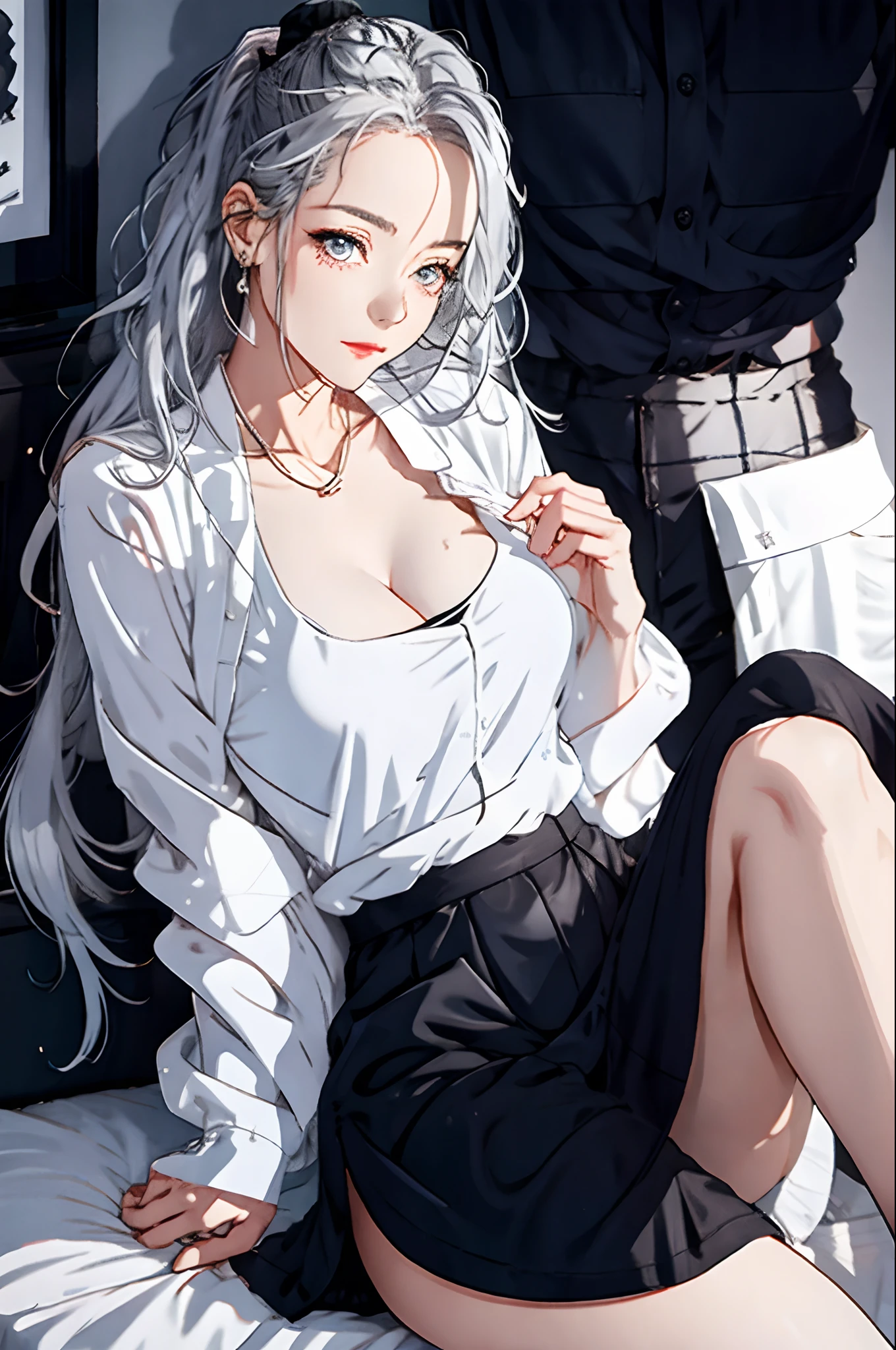 （（（1个Giant Breast Girl）），Ray traching，（dim murky lights），[detailedbackground（Bedrooms）），（（Silvery hair）），（（Silvery hair）），（（（（（Fluffy silver hair，plump and slender girl））Wears a high ponytail））），Bigchest，cleavage（（（（Girl wears white shirt，Black wrinkled skirt，Wear yours with black sheer pantyhose），It shows a delicate and slender figure and beautiful curves，Correct limbs，sit on a bed，Put your hands behind your head，Put both hands behind your head