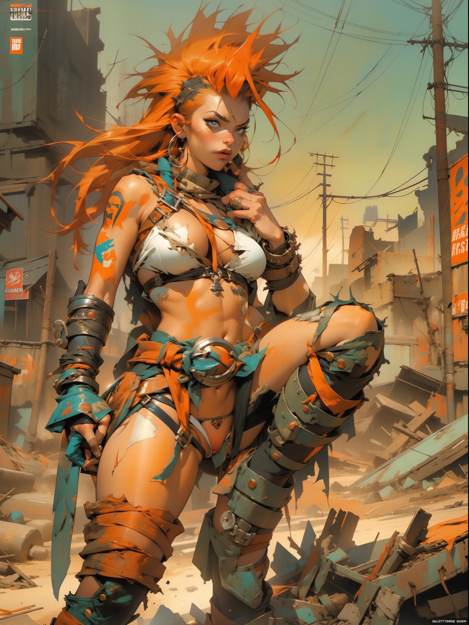 nijistyle, barbarian queen with tiny thong in a post-apocalyptic world, Simon Bisley style for a Brooklyn Gladiator comic book cover, sultry pose, scantily clad, nearly nude, wrecked outfit orange, ( best quality), (absurdres), perfect body, sexy scene, colorful mohawk, background with a destroyed city