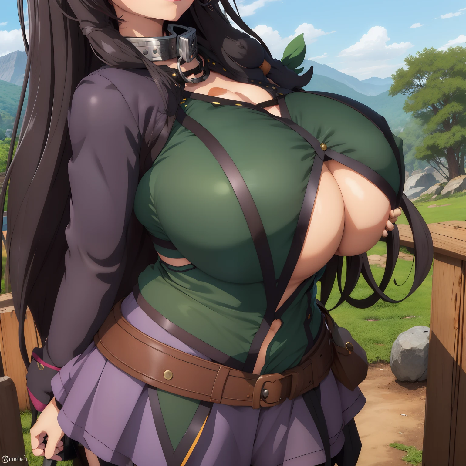 rem exposed belly, neck chain, long black hair, beautiful face, green eyes, cat ears, cat tail, standing, light smile, knee boots, (masterpiece:1.2), best quality, absurdres, extremely detailed wallpaper, perfect lighting, cowboy shot, simple background, ((1girl)), (looking at the viewer), ((taut clothes)), :d, excited, aroused, ahegao, (((bursting breasts))), ((((gigantic breasts)))), (BEReaction), (((Breast expansion))), Rem Galleu, Pantherian girl, short, long black hair, waist-length hair, black ears, black tail, rare black color, cat-like green eyes, almond-shaped eyes, expressionless, doll-like, strong volition, slender body, ribs lightly showing, toned arms, toned legs, attire, functional clothing, stylish vest, attached shoulder pads, hanging jacket, layered look, wide leather belt, numerous pockets, resourcefulness, layered cloth skirt, skin-tight short shorts, spats, ((cleavage))