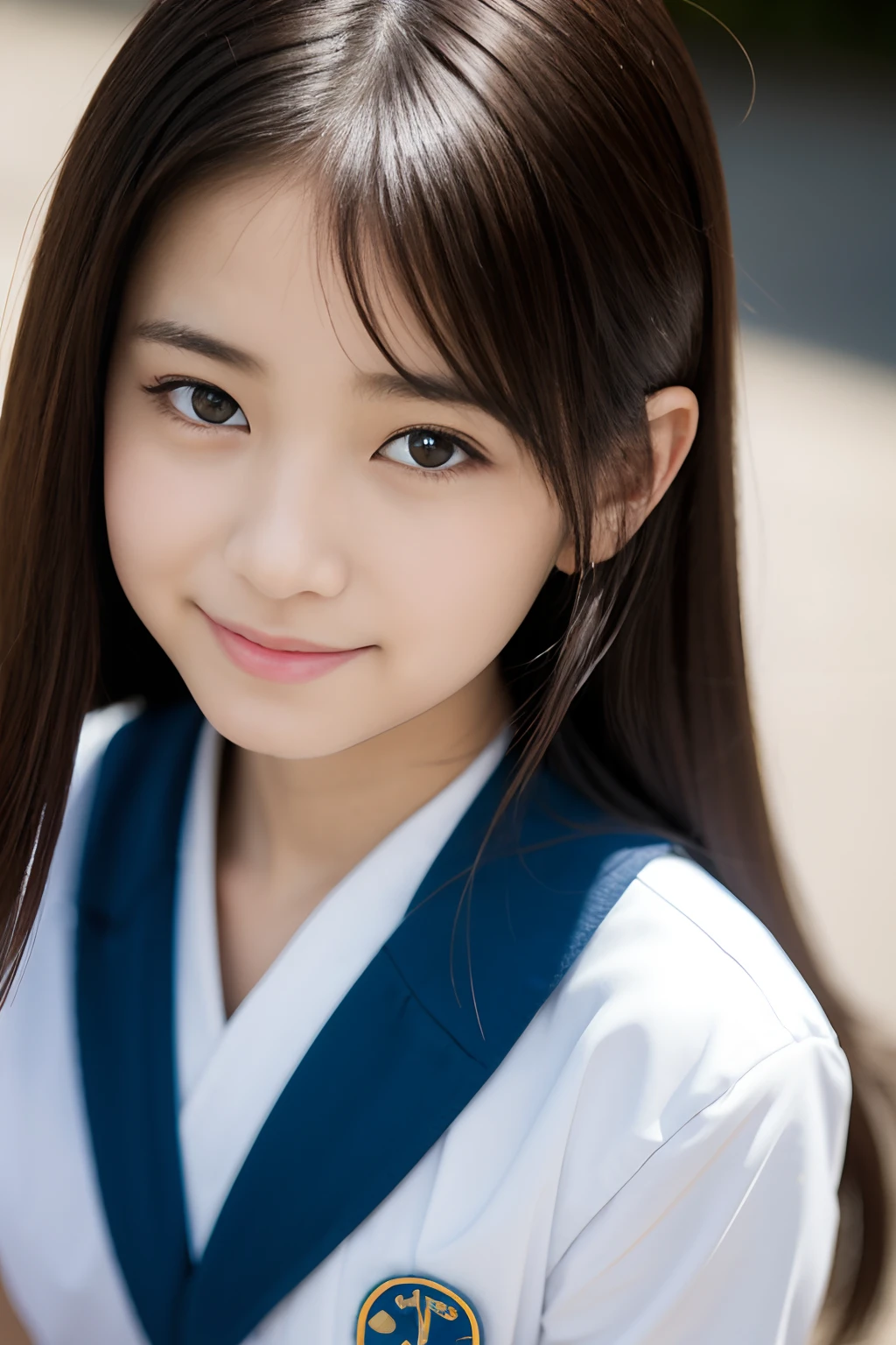 Lens 135mm f1.8, (Best Quality), (masutepiece:1.1), (Beautiful 12 year old Japan girl), cute face, (Chiseled face:0.7), (hitornfreckles:0.6), Dappled sunlight, Dramatic Lighting, (Japan school uniform), (in a school), Shy, Long Wave Hair, (Ultra Close-up:1.4), A slight smil, (Sparkling eyes)、(sunlights), (from above),