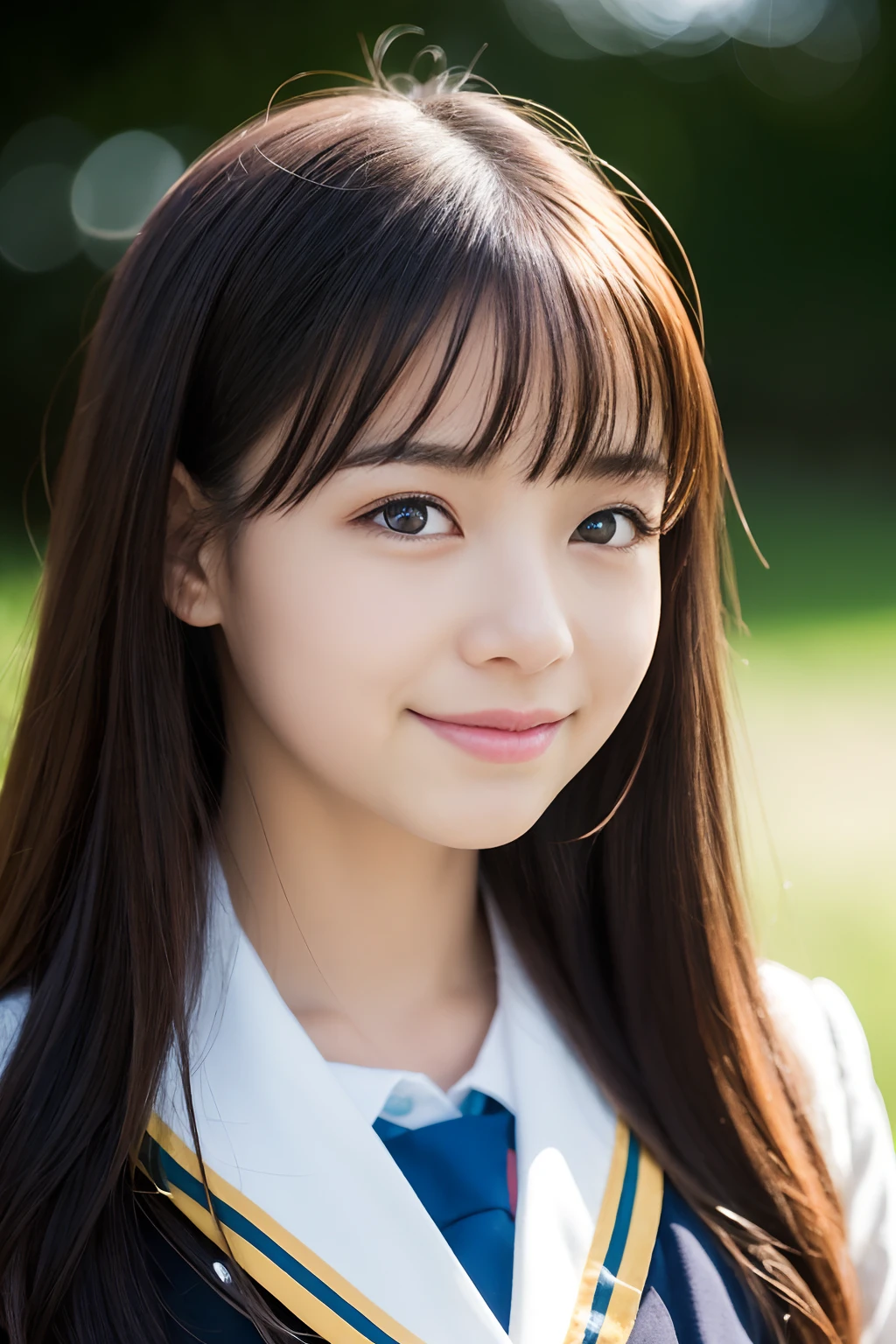 Lens 135mm f1.8, (Best Quality), (masutepiece:1.1), (Beautiful 12 year old Japan girl), cute  face, ((flat chest)), (Small breasts), (Chiseled face:0.7), (hitornfreckles:0.6), Dappled sunlight, Dramatic Lighting, (Japan school uniform), (in a school), Shy, Long Wave Hair, (Ultra Close-up:1.4), A slight smil, (Sparkling eyes)、(sunlights)