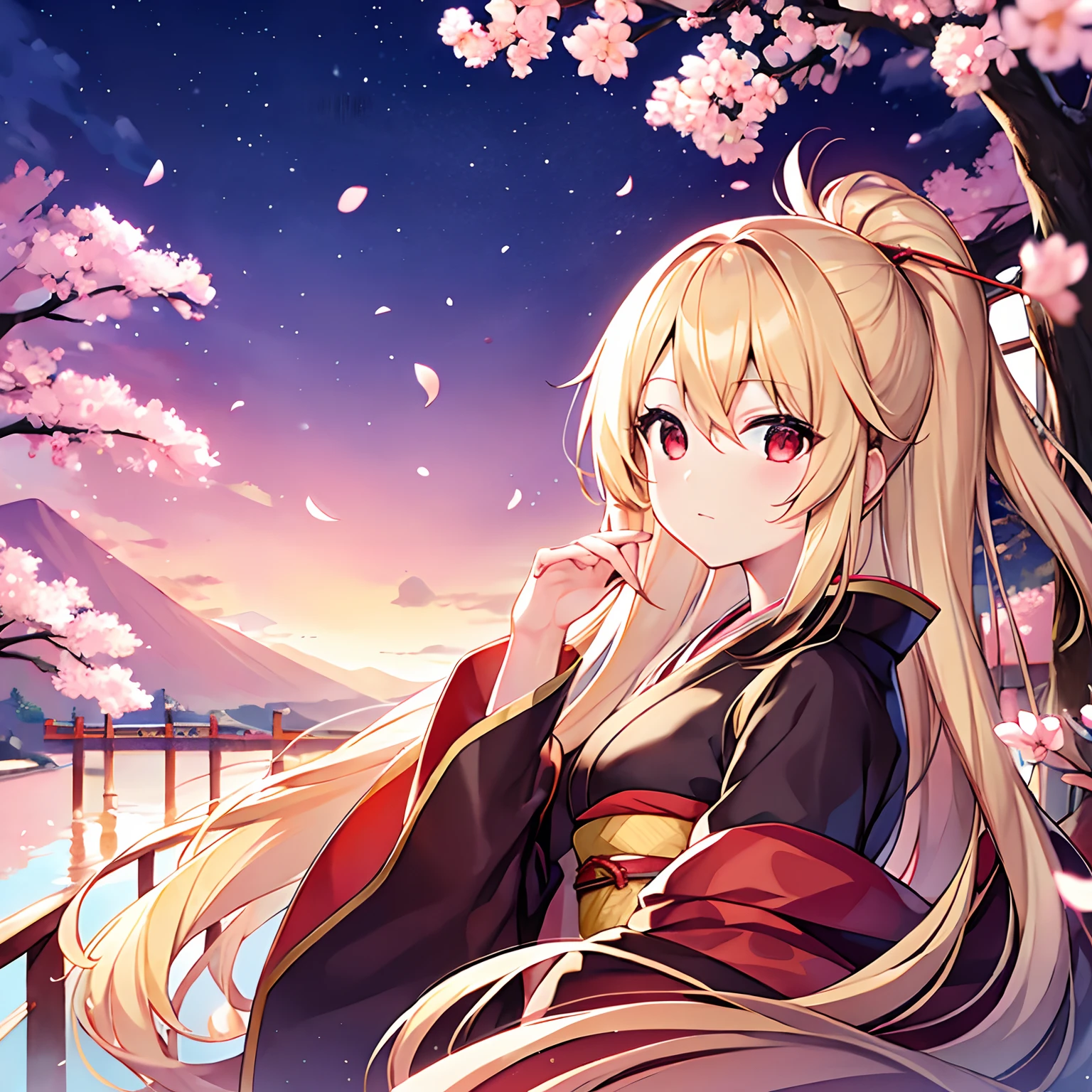 a blond、red eyes、Beautiful girl alone、独奏、animesque、kimono、midnight、cherry trees