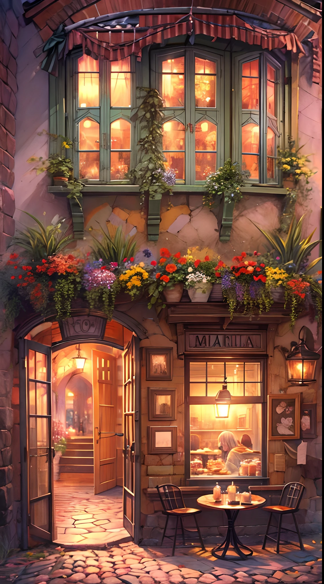 In a quaint European village, two young women stand on a charming cobblestone street, bathed in the warm glow of streetlights. They share an intimate kiss, their fingers tenderly tracing each other's features. Vines adorned with vibrant flowers climb up the rustic buildings, framing the scene with natural beauty. The air is filled with the aroma of freshly baked bread from a nearby bakery, adding to the sensory experience of their love. The atmosphere is a blend of enchantment and affection, portrayed in a delicate watercolor painting style that captures the romantic ambiance.