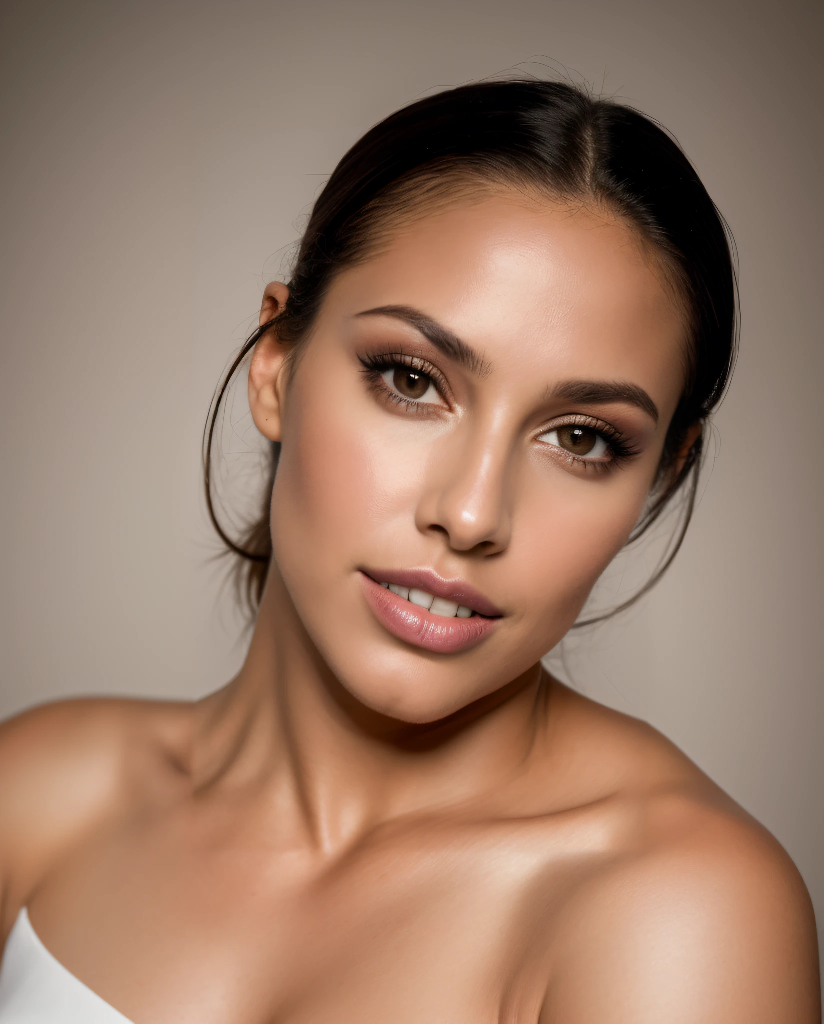 colombian fashion model 35 years old, [[[[closeup]]]], [[[[chest]]]], [[[[neck]]]], [[[[shoulders]]]], perfect eyes, perfect iris, perfect lips, perfect teeth, perfect skin, voluptuous body type, soft side light, glow, low key, chiaroscuro, (muted colors:1.2)