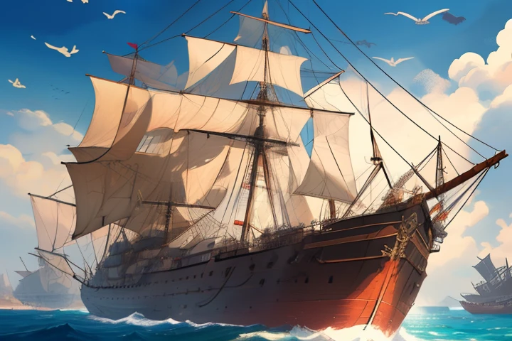 (masterpiece, best quality, ultra-detailed, highres, best illustration) very detailed background,extreme light and shadow, (extremely detailed illustrated 8k wallpaper),(masterpiece), (best quality), (ultra-detailed), (best illustration),(best shadow), vivid colors. A white flag pirate cruiser under construction. It's a big, big ship. It is under construction. There are pieces of the ship missing that are being built. The Ship is docked on an island. It's a beautiful ship. It has red details. Is a Pirate Ship. Era Pirate. Pirate Era. One Piece Style Ship. One Piece Pirate Ship. One Piece Ship. Is a Wood Ship. No Metal. No Iron.
