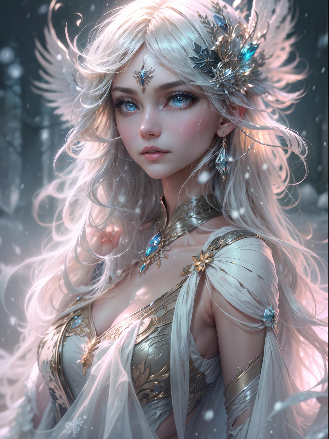 (((masterpiece))), (((best quality))), ((ultra-detailed)),(highly detailed CG illustration), ((an extremely delicate and beautiful)),cinematic lighting. This is a realistic fantasy artwork with contrasting colors and a very mysterious aura. Generate a pure white woman with ((pure white skin)), metallic hair, and bold, colorful eyes. (((Her skin is whiter than snow))). Her face is extremely detailed with realistic shading and her eyes are extremely detailed with absurdly high resolution and bright, bold colors. (((Her eyes are important and must be perfect.))) She has soft, puffy lips. Include many fantasy details such as soft white feathers, beautiful French silk, delicate embroidery, snow, iridescence detailing, phantasmal iridescence detailing, and glitter. Include moonlight, snowflakes, and winterscapes. The character in the artwork is a delicate but strong petite figure with an aura of mystery and magic. The character's clothing should be designed with gossamer feathers, silk, stunning embroidery, and subtle iridescent details. Incorporate dreamy colors, dynamic lighting, and detailed background elements to create a sense of awe and immersion.  Consider the latest trends in fantasy art, such as incorporating unique lighting effects, exploring dynamic and compelling composition techniques, and experimenting with unique color palettes. Take inspiration from the top artists on ArtStation and Midjourney. Camera: Choose an angle that highlights the character's beauty and enhances the magical majesty of the artwork. Lighting: Utilize atmospheric lighting techniques to create depth and mood. Resolution: Aim for a high-resolution artwork to showcase intricate details and clarity. Art Inspirations: Seek inspiration from the trending artists on ArtStation, exploring different styles, genres, and themes.