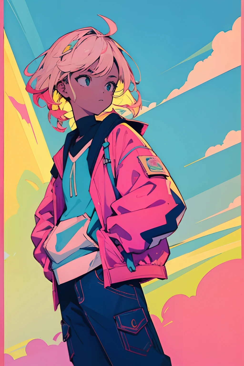 melhor qualidade, papel de parede 4K, obra-prima, extremamente detalhado CG unidade de papel de parede 8k, olhos extremamente detalhados, ultra-detalhado, detalhes intrincados, 1girl, estilo de arte retro, estilo de arte neon_pop, Public, ao ar livre, sinal de estrada, cidade, hands in a pocket