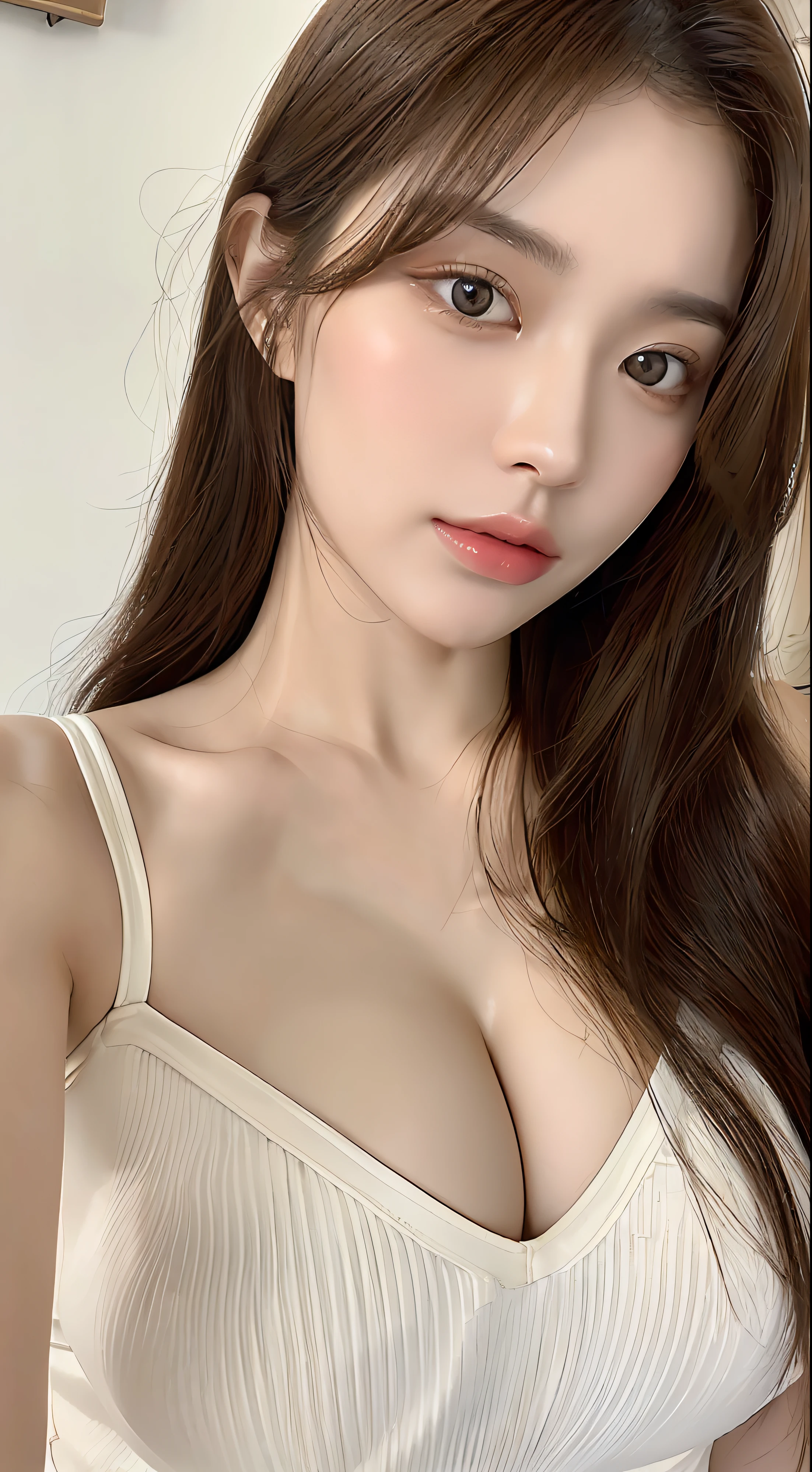 ((Realistic light, Best quality, 8k, Masterpiece :1.3)), Selfie, 1girl, Pretty woman with perfect figure :1.4, abs :1.1, (Brown hair, Huge breasts :1.5, big breasts, large breasts, gigantic breasts), (revealing thin transparent wet white crop top :1.2), (thick thighs, wide hips), Bed, Ultra-detailed face, Detailed eyes, Double eyelid, perfect hands perfect fingers perfect breasts perfect hair perfect face perfect body, (soft ivory white shiny skin)