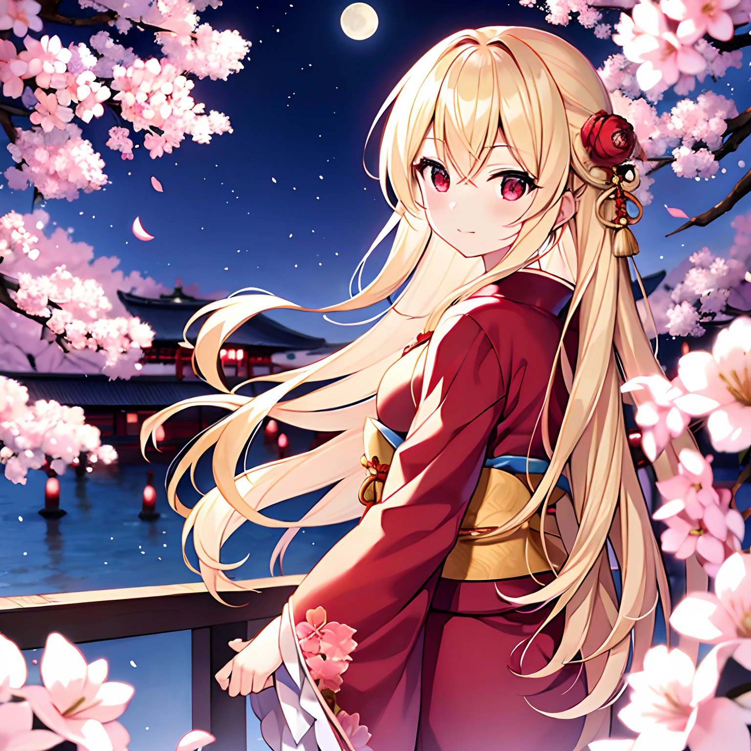 a blond、red eyes、Beautiful girl alone、独奏、animesque、kimono、midnight、a moon、cherry trees