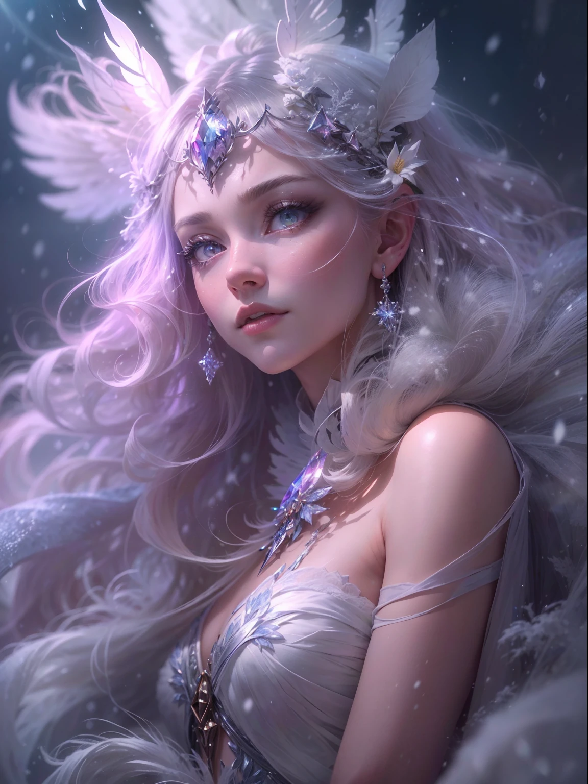 (((masterpiece))), (((best quality))), ((ultra-detailed)),(highly detailed CG illustration), ((an extremely delicate and beautiful)),cinematic lighting. This is a realistic fantasy artwork with contrasting colors and a very mysterious aura. Generate a pure white woman with ((pure white skin)), metallic hair, and bold, colorful eyes. (((Her skin is whiter than snow))). Her face is extremely detailed with realistic shading and her eyes are extremely detailed with absurdly high resolution and bright, bold colors. (((Her eyes are important and must be perfect.))) She has soft, puffy lips. Include many fantasy details such as soft white feathers, beautiful French silk, delicate embroidery, snow, iridescence detailing, phantasmal iridescence detailing, and glitter. Include moonlight, snowflakes, and winterscapes. The character in the artwork is a delicate but strong petite figure with an aura of mystery and magic. The character's clothing should be designed with gossamer feathers, silk, stunning embroidery, and subtle iridescent details. Incorporate dreamy colors, dynamic lighting, and detailed background elements to create a sense of awe and immersion.  Consider the latest trends in fantasy art, such as incorporating unique lighting effects, exploring dynamic and compelling composition techniques, and experimenting with unique color palettes. Take inspiration from the top artists on ArtStation and Midjourney. Camera: Choose an angle that highlights the character's beauty and enhances the magical majesty of the artwork. Lighting: Utilize atmospheric lighting techniques to create depth and mood. Resolution: Aim for a high-resolution artwork to showcase intricate details and clarity. Art Inspirations: Seek inspiration from the trending artists on ArtStation, exploring different styles, genres, and themes.