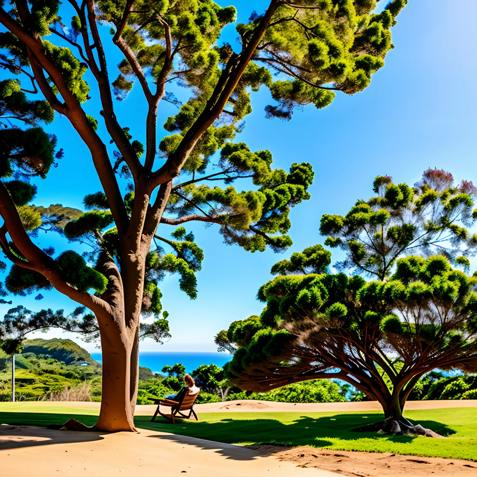 Crie imagem de um morro, na beira do mar, with a large tree, birds in the midday sky, com uma pessoa lendo livro, Under the tree,