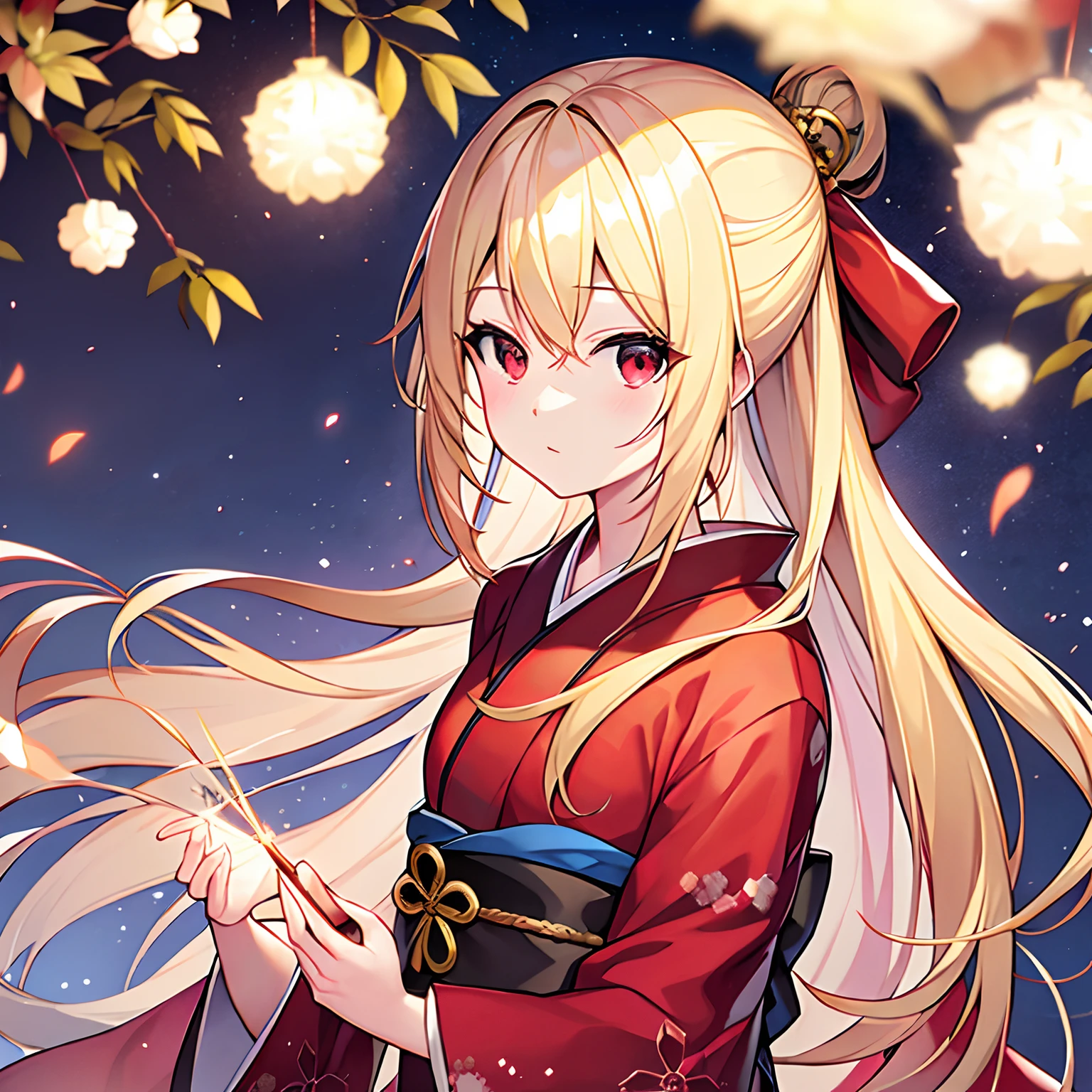 a blond、red eyes、Beautiful girl alone、独奏、animesque、Black kimono、natta、sparklers