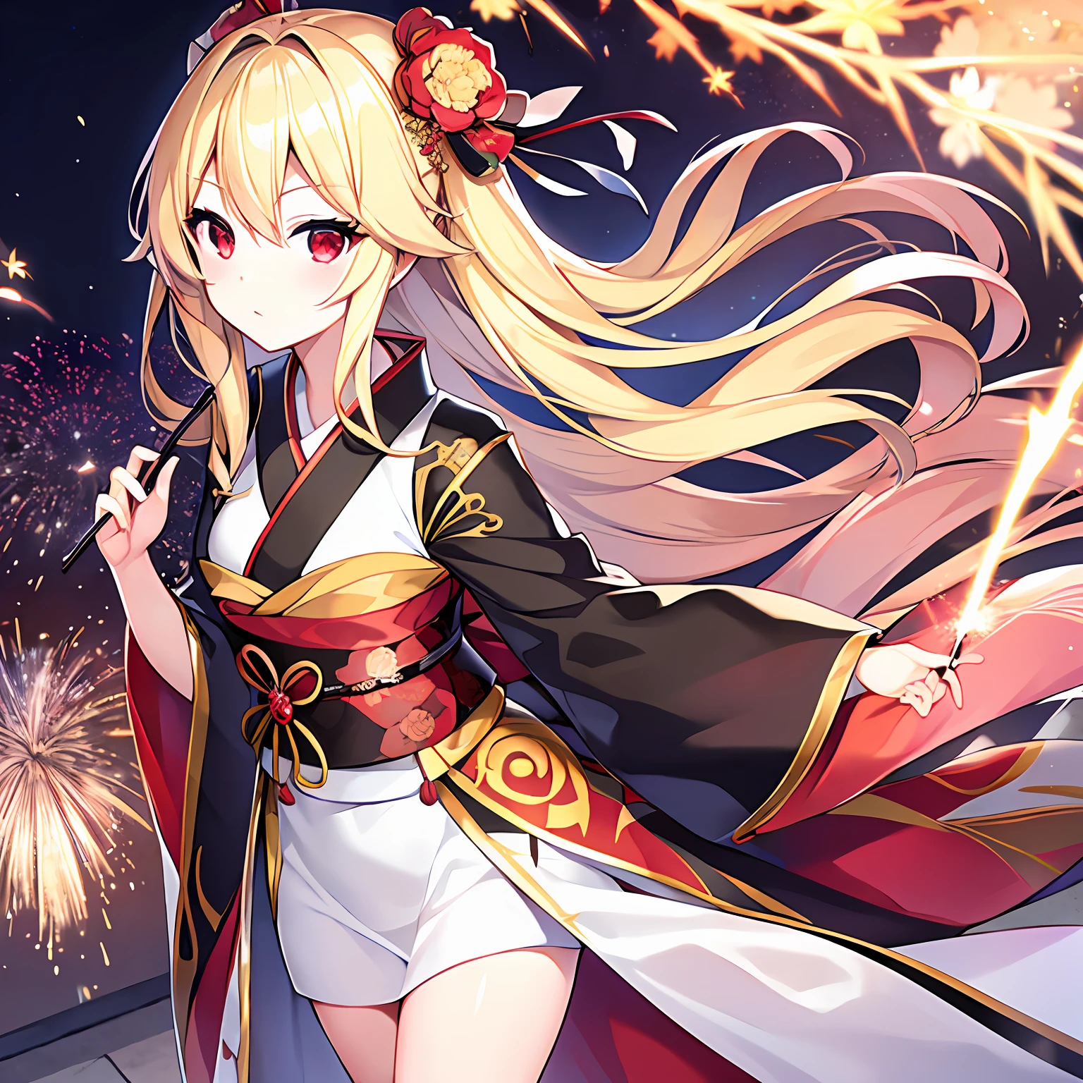 a blond、red eyes、Beautiful girl alone、独奏、animesque、Black kimono、natta、sparklers