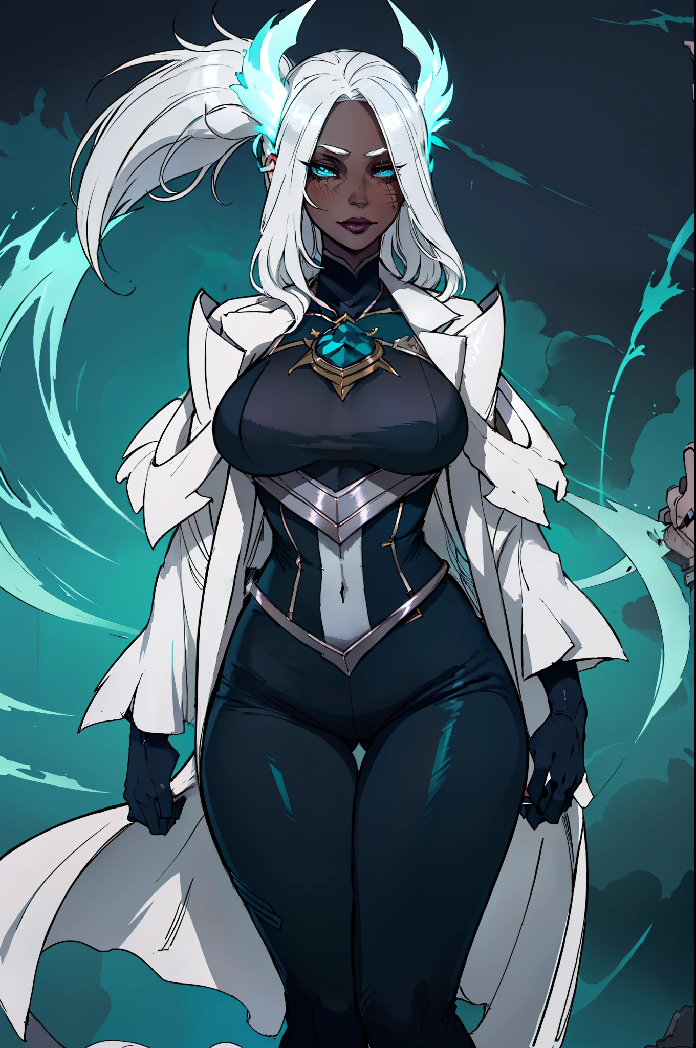 A curvy slender, pale-skinned woman with long white hair. Her robes are battle attire with a distinctive palette of black, turquoise and silver. The most characteristic ornaments of her attire are the dark marks on her eyes. dark makeup, dark mascara and lipstick. best quality, master piece, perfect figure, navy blue tight silk pants, big thighs