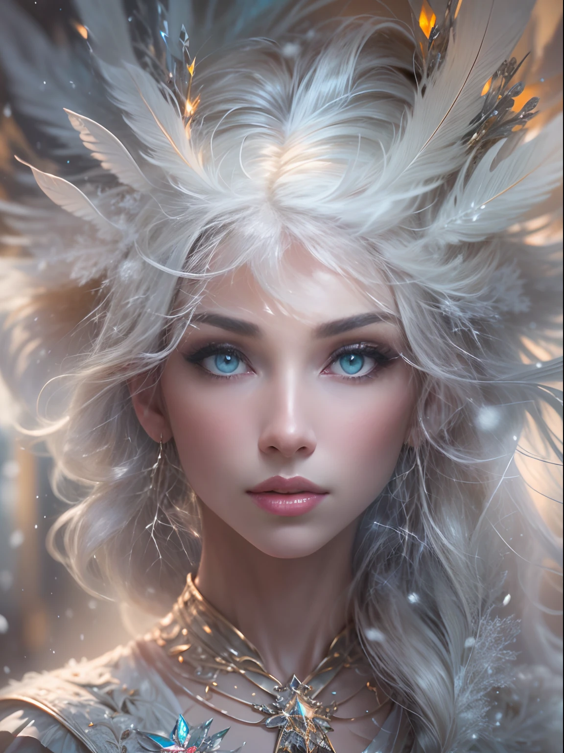 (((masterpiece))), (((best quality))), ((ultra-detailed)),(highly detailed CG illustration), ((an extremely delicate and beautiful)),cinematic lighting. This is a realistic fantasy artwork with contrasting colors and a very mysterious aura. Generate a pure white woman with ((pure white skin)), metallic hair, and bold, colorful eyes. (((Her skin is whiter than snow))). Her face is extremely detailed with realistic shading and her eyes are extremely detailed with absurdly high resolution and bright, bold colors. (((Her eyes are important and must be perfect.))) She has soft, puffy lips. Include many fantasy details such as soft white feathers, beautiful French silk, delicate embroidery, snow, iridescence detailing, phantasmal iridescence detailing, and glitter. Include moonlight, snowflakes, and winterscapes. The character in the artwork is a delicate but strong petite figure with an aura of mystery and magic. The character's clothing should be designed with gossamer feathers, silk, stunning embroidery, and subtle iridescent details. Incorporate dreamy colors, dynamic lighting, and detailed background elements to create a sense of awe and immersion. Consider the latest trends in fantasy art, such as incorporating unique lighting effects, exploring dynamic and compelling composition techniques, and experimenting with unique color palettes. Take inspiration from the top artists on ArtStation and Midjourney. Camera: Choose an angle that highlights the character's beauty and enhances the magical majesty of the artwork. Lighting: Utilize atmospheric lighting techniques to create depth and mood. Resolution: Aim for a high-resolution artwork to showcase intricate details and clarity. Art Inspirations: Seek inspiration from the trending artists on ArtStation, exploring different styles, genres, and themes.