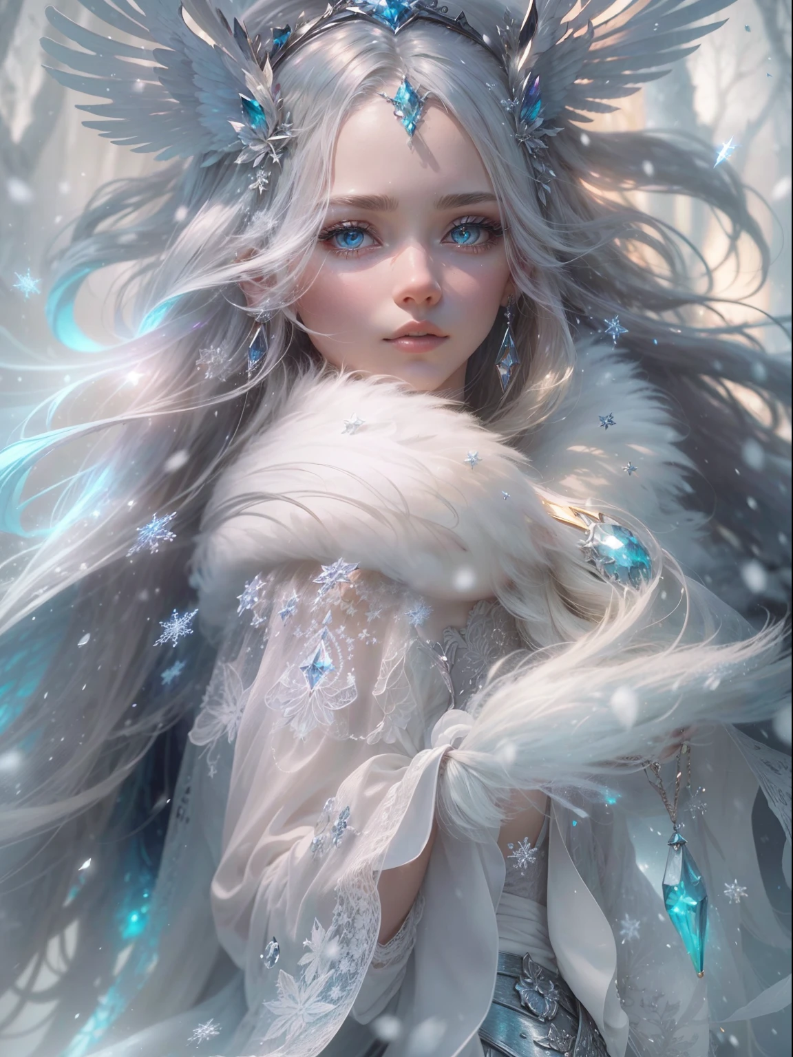 (((masterpiece))), (((best quality))), ((ultra-detailed)),(highly detailed CG illustration), ((an extremely delicate and beautiful)),cinematic lighting. This is a realistic fantasy artwork with contrasting colors and a very mysterious aura. Generate a pure white woman with ((pure white skin)), metallic hair, and bold, colorful eyes. (((Her skin is whiter than snow))). Her face is extremely detailed with realistic shading and her eyes are extremely detailed with absurdly high resolution and bright, bold colors. (((Her eyes are important and must be perfect.))) She has soft, puffy lips. Include many fantasy details such as soft white feathers, beautiful French silk, delicate embroidery, snow, iridescence detailing, phantasmal iridescence detailing, and glitter. Include moonlight, snowflakes, and winterscapes. The character in the artwork is a delicate but strong petite figure with an aura of mystery and magic. The character's clothing should be designed with gossamer feathers, silk, stunning embroidery, and subtle iridescent details. Incorporate dreamy colors, dynamic lighting, and detailed background elements to create a sense of awe and immersion.  Consider the latest trends in fantasy art, such as incorporating unique lighting effects, exploring dynamic and compelling composition techniques, and experimenting with unique color palettes. Take inspiration from the top artists on ArtStation and Midjourney. Camera: Choose an angle that highlights the character's beauty and enhances the magical majesty of the artwork. Lighting: Utilize atmospheric lighting techniques to create depth and mood. Resolution: Aim for a high-resolution artwork to showcase intricate details and clarity. Art Inspirations: Seek inspiration from the trending artists on ArtStation, exploring different styles, genres, and themes.