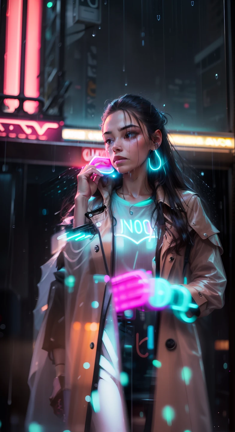 DSLR photo, a woman walking across a street at night wearing a coat and looking over her shoulder with flowing hair, (raining:1.3), (neon signs:1.3), NeonNoir, (backlit:1.1), hard shadow, masterpiece, best quality, Intricate, High Detail, 8k, modelshoot style, film grain,