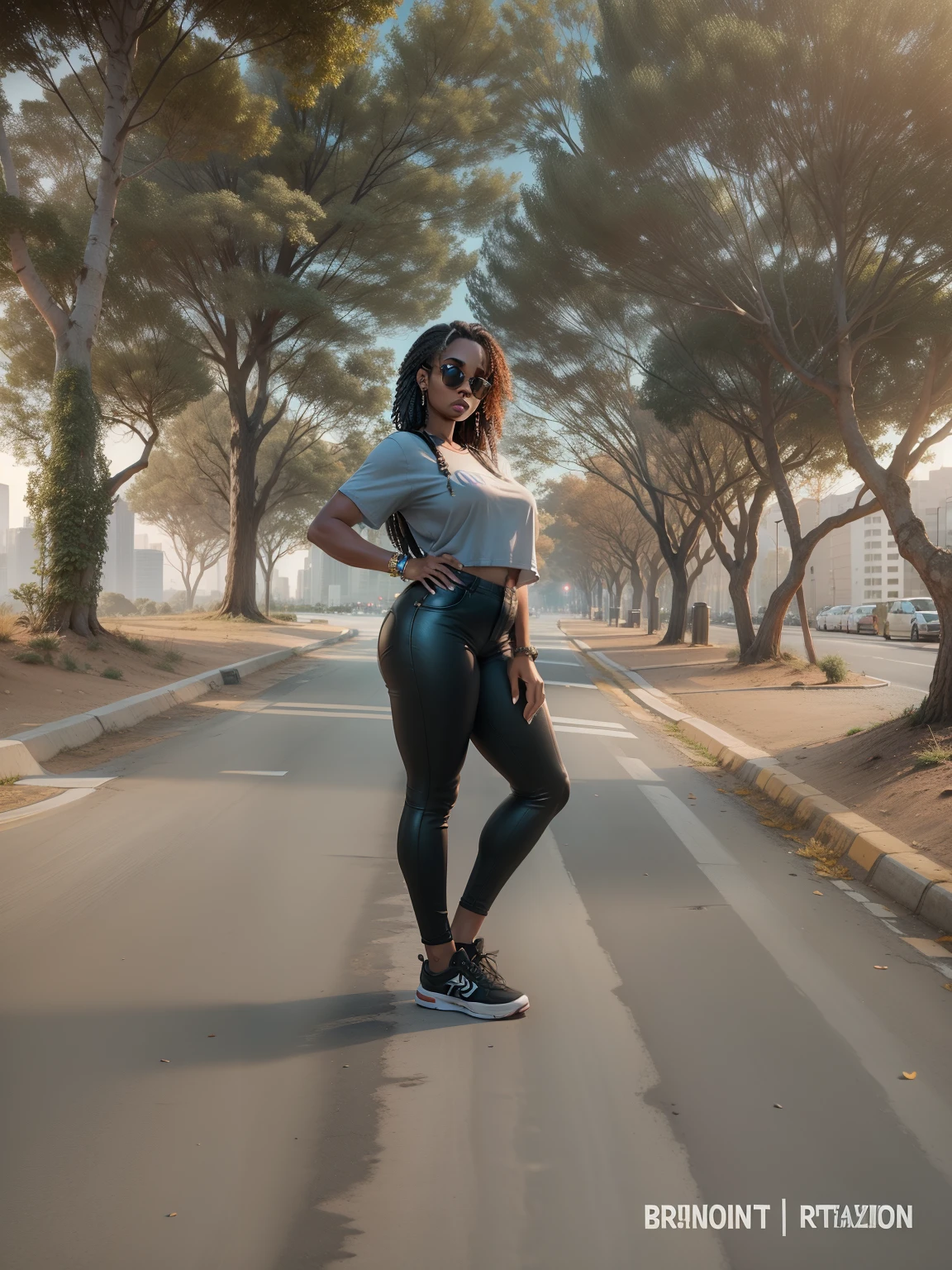 Uma mulher caminhando , full body shot, cgi, dslr, fantastic realism, city background, casual outfit, bronzepunk, black woman, 3d, cinematic, golden hour
