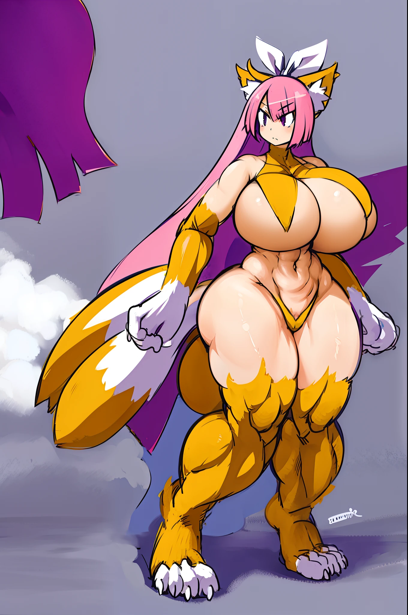 anime character female cat disgaea videogame Felynn,huge breast, tail attached to buttocks, cat hands, white hair ribbon,