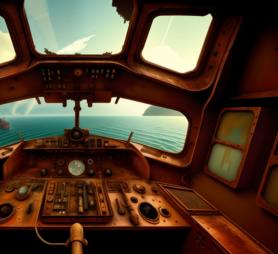 Superb art style，Interior of the cockpit of an ancient submarine，/"PC I"/Time travel machines。Fragmentation，rusted，colours。