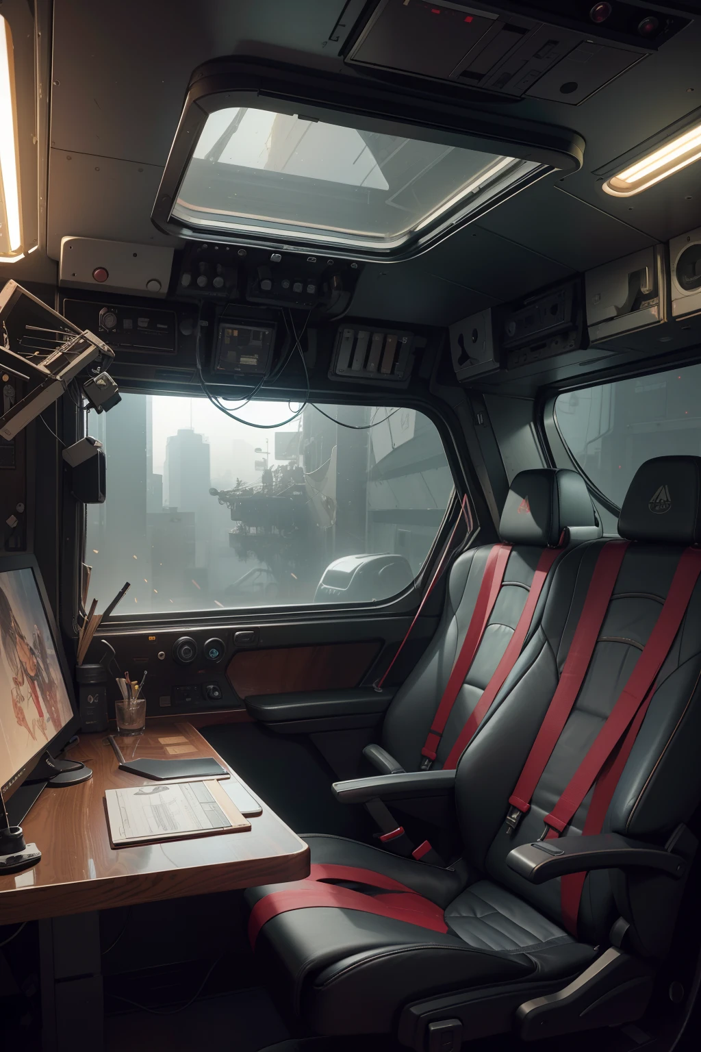 (tmasterpiece,best qualtiy,A high resolution,absurderes,A detailed:1.2),Interior of the cockpit of an ancient spacecraft,,(cyber punk perssonage,art canvas,paint brushes,easel,Irridescent color,holograph:1.6),(electric cables,electrical wires,火焰,fires、smog、overheating、blasts、inside in room、sobu、simplebackground)