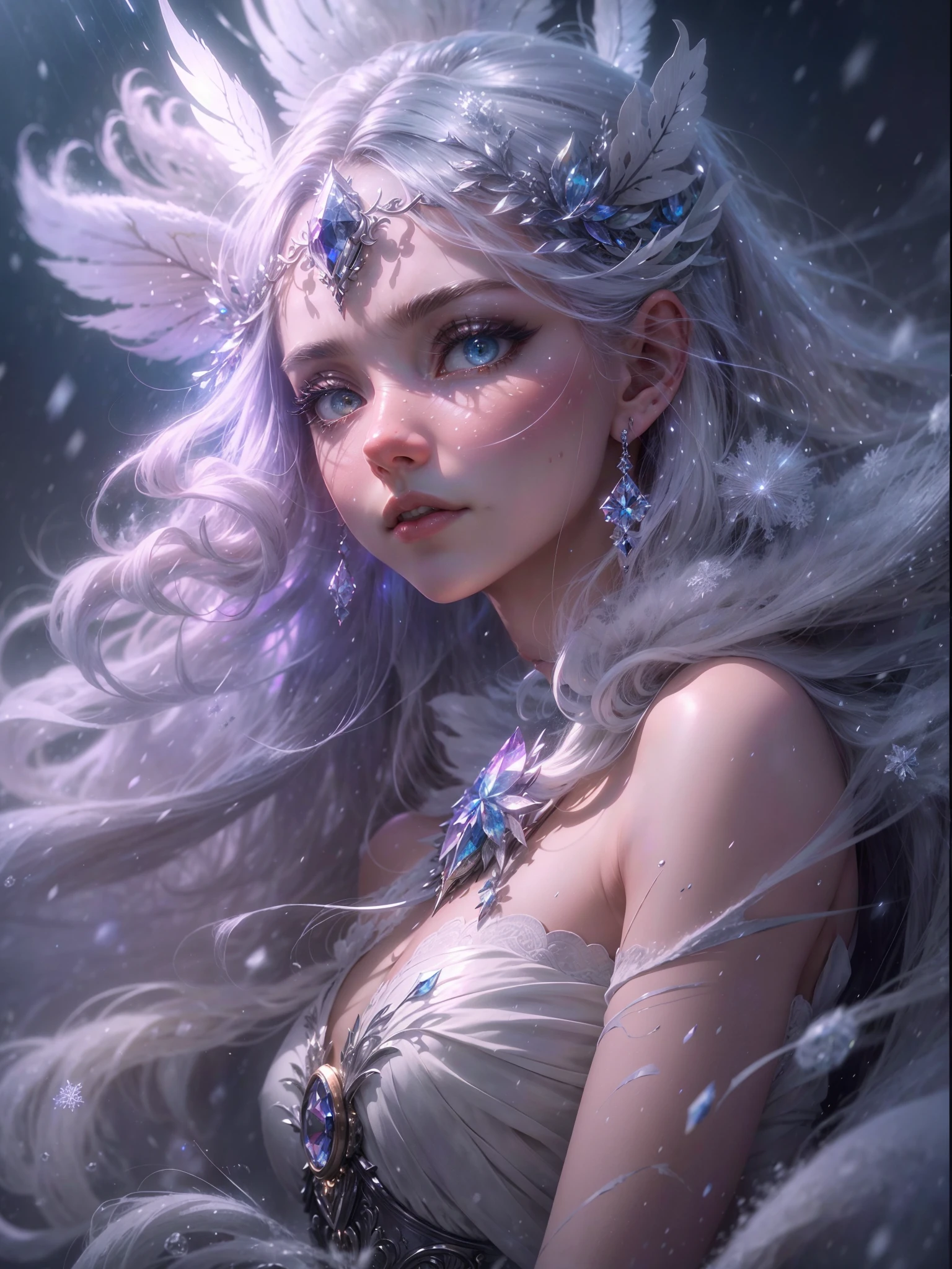 (((masterpiece))), (((best quality))), ((ultra-detailed)),(highly detailed CG illustration), ((an extremely delicate and beautiful)),cinematic lighting. This is a realistic fantasy artwork with contrasting colors and a very mysterious aura. Generate a pure white woman with ((pure white skin)), metallic hair, and bold, colorful eyes. (((Her skin is whiter than snow))). Her face is extremely detailed with realistic shading and her eyes are extremely detailed with absurdly high resolution and bright, bold colors. (((Her eyes are important and must be perfect.))) She has soft, puffy lips. Include many fantasy details such as soft white feathers, beautiful French silk, delicate embroidery, snow, iridescence detailing, phantasmal iridescence detailing, and glitter. Include moonlight, snowflakes, and winterscapes. The character in the artwork is a delicate but strong petite figure with an aura of mystery and magic. The character's clothing should be designed with gossamer feathers, silk, stunning embroidery, and subtle iridescent details. Incorporate dreamy colors, dynamic lighting, and detailed background elements to create a sense of awe and immersion. Consider the latest trends in fantasy art, such as incorporating unique lighting effects, exploring dynamic and compelling composition techniques, and experimenting with unique color palettes. Take inspiration from the top artists on ArtStation and Midjourney. Camera: Choose an angle that highlights the character's beauty and enhances the magical majesty of the artwork. Lighting: Utilize atmospheric lighting techniques to create depth and mood. Resolution: Aim for a high-resolution artwork to showcase intricate details and clarity. Art Inspirations: Seek inspiration from the trending artists on ArtStation, exploring different styles, genres, and themes.