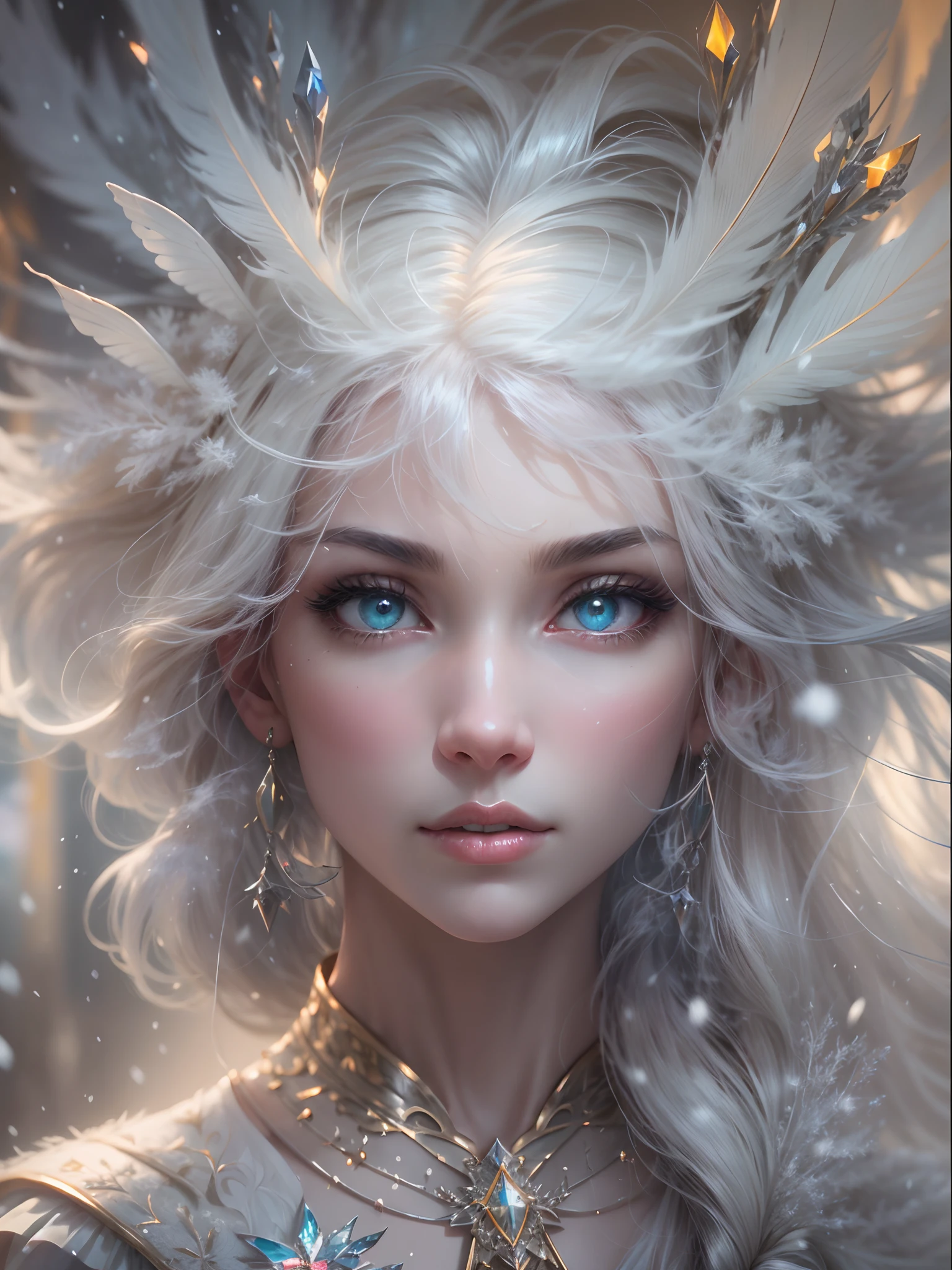 (((masterpiece))), (((best quality))), ((ultra-detailed)),(highly detailed CG illustration), ((an extremely delicate and beautiful)),cinematic lighting. This is a realistic fantasy artwork with contrasting colors and a very mysterious aura. Generate a pure white woman with ((pure white skin)), metallic hair, and bold, colorful eyes. (((Her skin is whiter than snow))). Her face is extremely detailed with realistic shading and her eyes are extremely detailed with absurdly high resolution and bright, bold colors. (((Her eyes are important and must be perfect.))) She has soft, puffy lips. Include many fantasy details such as soft white feathers, beautiful French silk, delicate embroidery, snow, iridescence detailing, phantasmal iridescence detailing, and glitter. Include moonlight, snowflakes, and winterscapes. The character in the artwork is a delicate but strong petite figure with an aura of mystery and magic. The character's clothing should be designed with gossamer feathers, silk, stunning embroidery, and subtle iridescent details. Incorporate dreamy colors, dynamic lighting, and detailed background elements to create a sense of awe and immersion.  Consider the latest trends in fantasy art, such as incorporating unique lighting effects, exploring dynamic and compelling composition techniques, and experimenting with unique color palettes. Take inspiration from the top artists on ArtStation and Midjourney. Camera: Choose an angle that highlights the character's beauty and enhances the magical majesty of the artwork. Lighting: Utilize atmospheric lighting techniques to create depth and mood. Resolution: Aim for a high-resolution artwork to showcase intricate details and clarity. Art Inspirations: Seek inspiration from the trending artists on ArtStation, exploring different styles, genres, and themes.