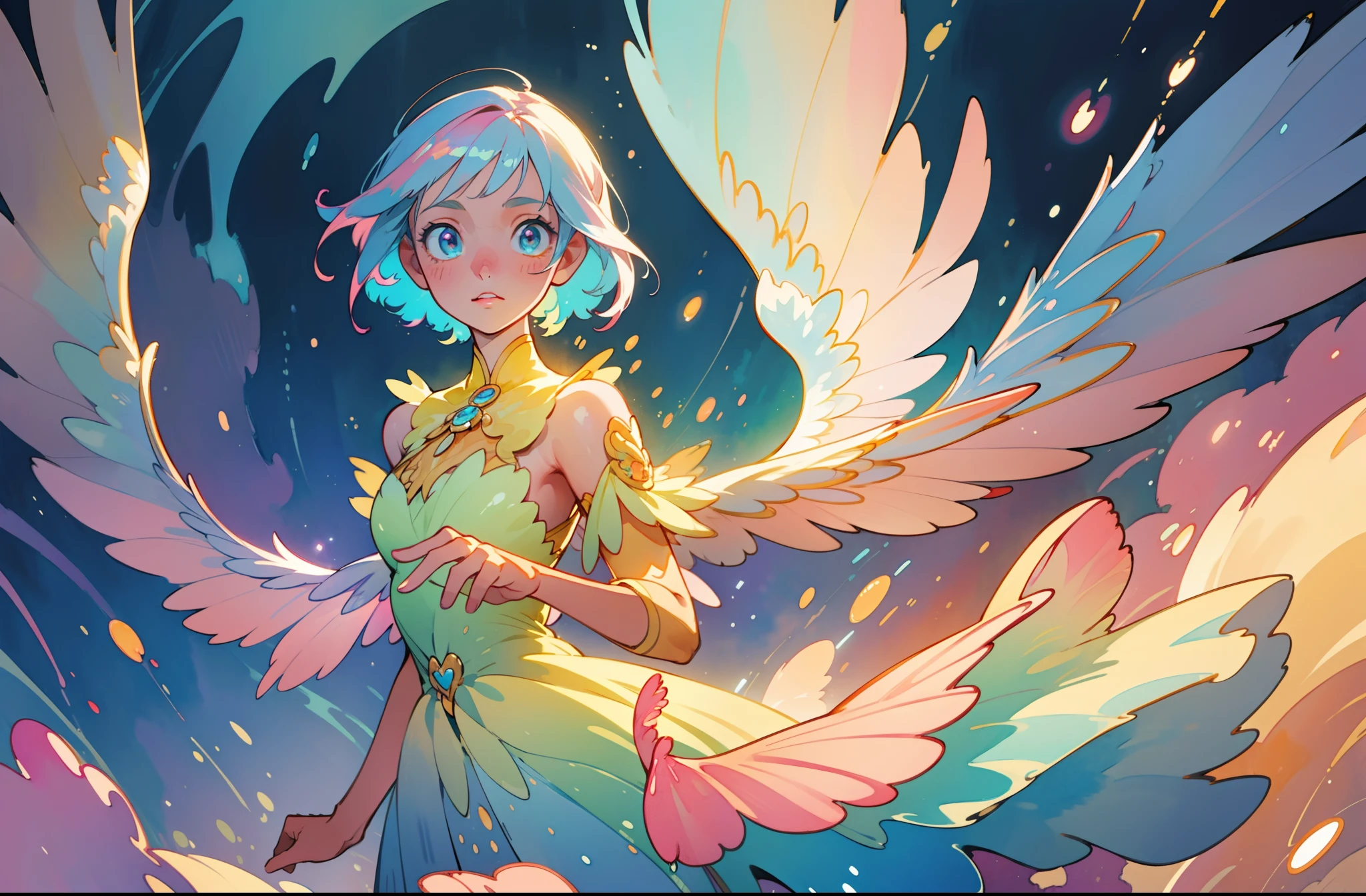 masterpiece, best quality, sharp focus, 8k, intricately detailed environment, anime, watercolor illustration, colorful, bright colors, whimsical, glowing lights, liquid otherworldly, fairy lights, beautiful girl in flowing liquid glowing dress, perfect face, golden ratio, sparkling eyes, watercolor, liquid light, angel wings