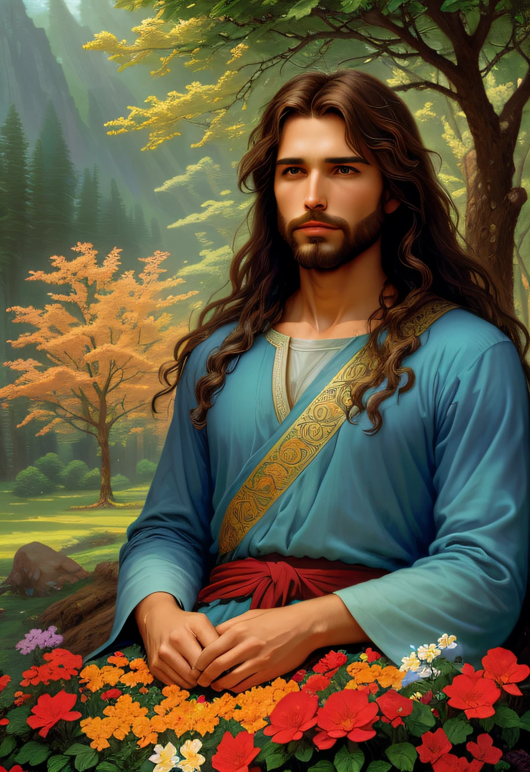 Jesus sitting on a tree in the woods with flowers, Greg Olsen, Jesus Cristo, kneeling in prayer, ( ( Thomas Kinkade ) ), O Senhor e Salvador, Directed by: Christophe Vacher, beautiful depiction, jesus of nazareth, beautiful image ever created, he is all alone, Jesus, sua mente contemplando a eternidade, Directed by: Scott Gustafson, Directed by: Thomas Blackshear
