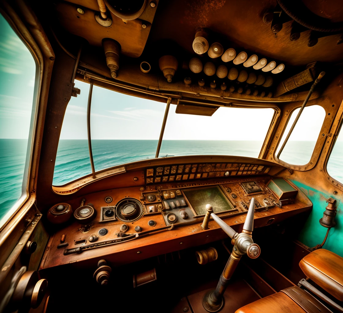 Superb art style,Interior of the cockpit of an ancient submarine,/"PC I"/Time travel machines。Fragmentation,rusted,colours。