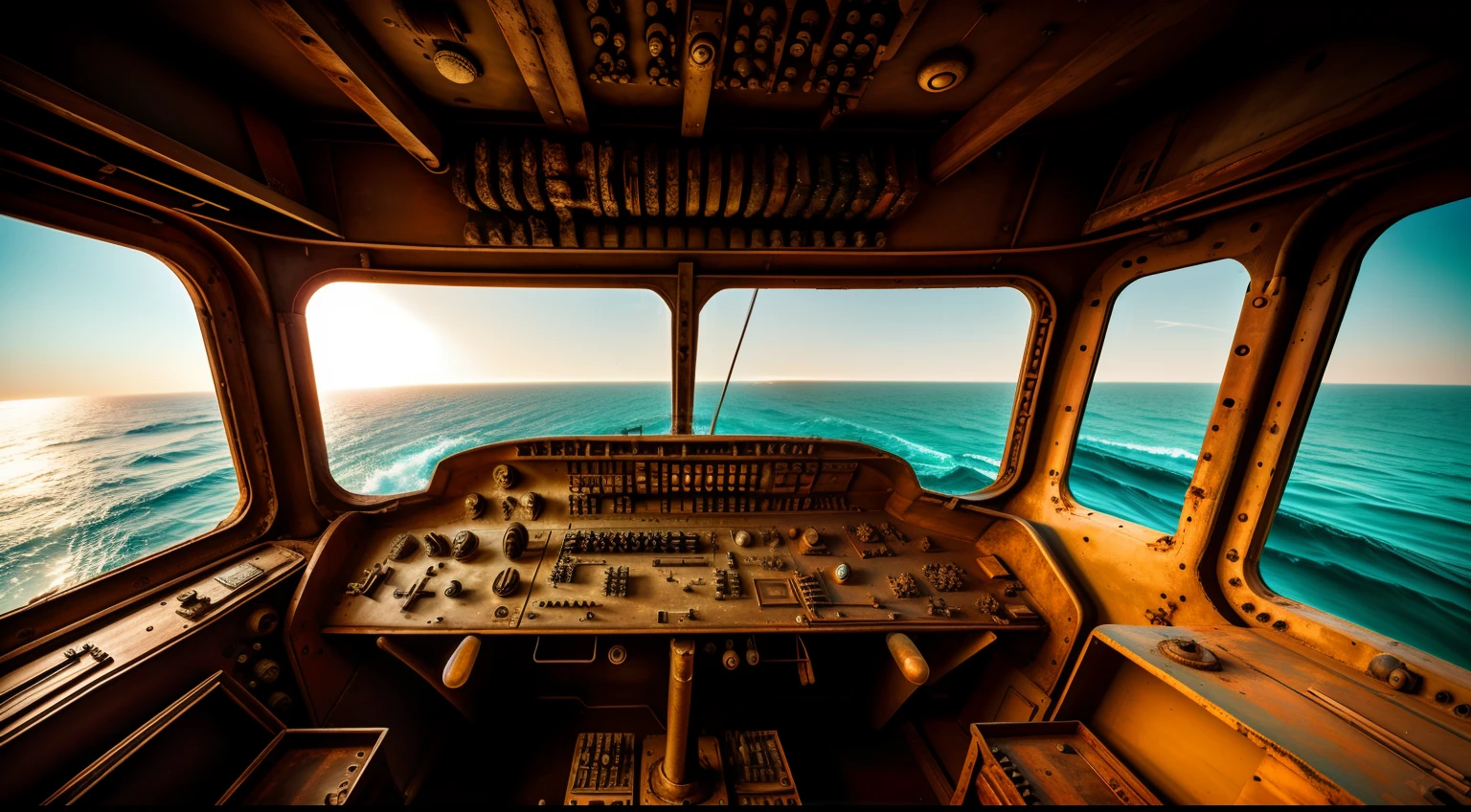 Superb art style，Interior of the cockpit of an ancient submarine，/"Computer I"/Time travel machines。Fragmentation，rusted，colours。