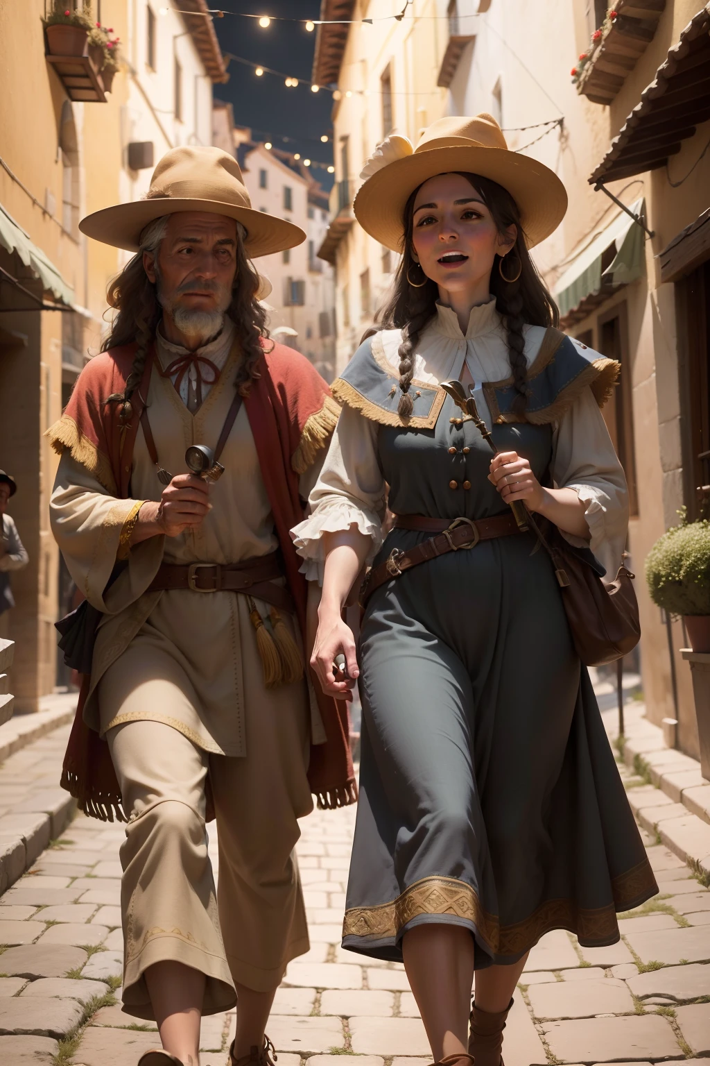 The year 1400. Dynamic Scene. Spain. Two merry, Funny, cute ufo-man in earthy vintage clothes and feathered hats, walk and sing songs. close - up. a lot of details. super realistic. Cinematic. Light haze, Blurred background of urban Spanish narrow street. the night, Outdoor torches, 8K