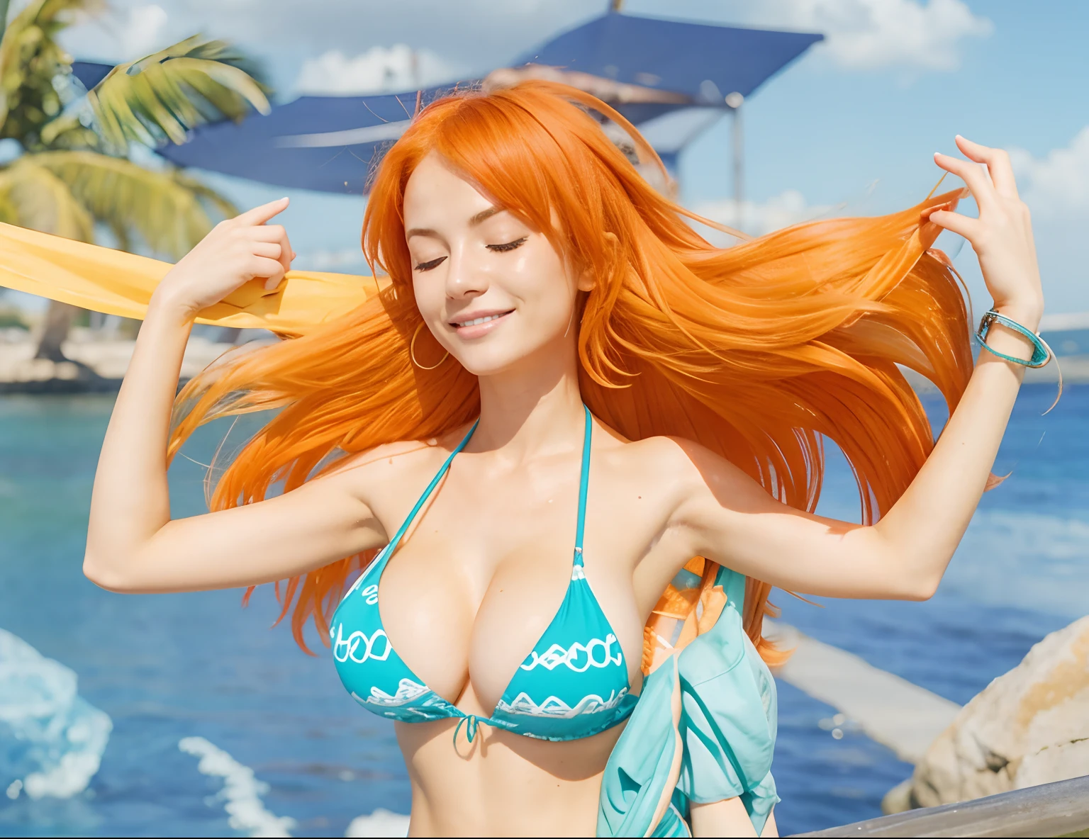Orange hair, teal bikini, nami, summer, sweaty, horny, orange eyes, light smiling, hot, closed eyes