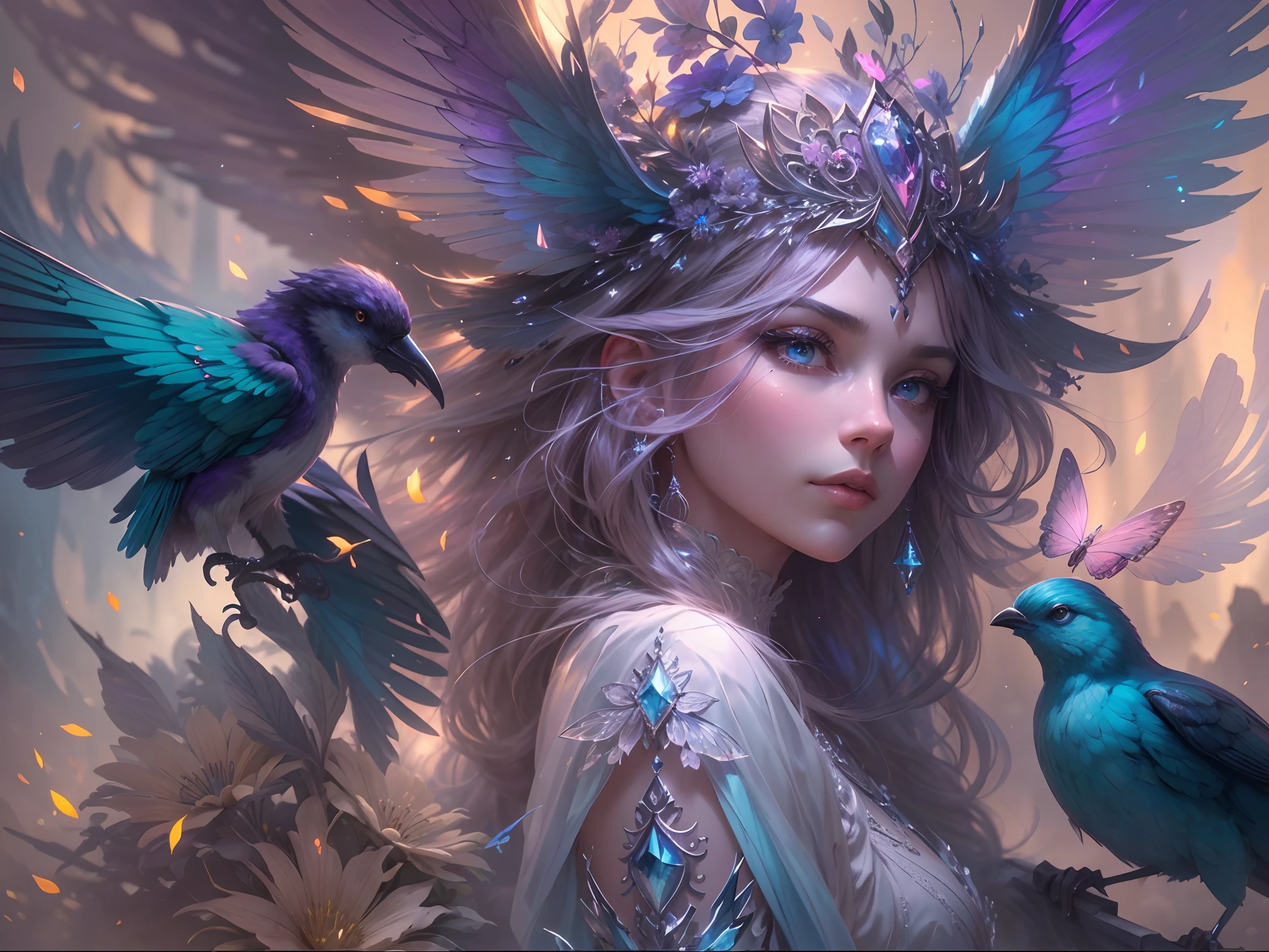(((masterpiece))), (((best quality))), ((ultra-detailed)),(highly detailed CG illustration), ((extremely delicate and beautiful)) Create a stunning fantasy artwork that mimics the style of currently trending masters of the genre. The art piece should contain elements of both mythic fantasy and fairytale fantasy with (watercolor accents in shades of blue, pink, and purple). Generate a delicate but strong figure with an aura of mystery and magic and stunningly realistic eyes. The character should be petite with subtle breasts. Pay close attention to intricate facial features, such as mesmerizing eyes with vibrant colors and delicate shading. The character's clothing should be designed with gossamer feathers, silk, stunning embroidery, and subtle iridescent details. Incorporate vibrant colors, dynamic lighting, and detailed background elements to create a sense of awe and immersion. Include colorful flying magical birds and jewel-toned butterflies radiating a magical aura. Consider the latest trends in fantasy art, such as incorporating unique lighting effects, exploring dynamic and compelling composition techniques, and experimenting with unique color palettes. Take inspiration from the top artists on ArtStation and Midjourney. Camera: Choose an angle that highlights the character's beauty and enhances the magical majesty of the artwork. Lighting: Utilize atmospheric lighting techniques to create depth and mood. Resolution: Aim for a high-resolution artwork to showcase intricate details and clarity. Art Inspirations: Seek inspiration from the trending artists on ArtStation, exploring different styles, genres, and themes.