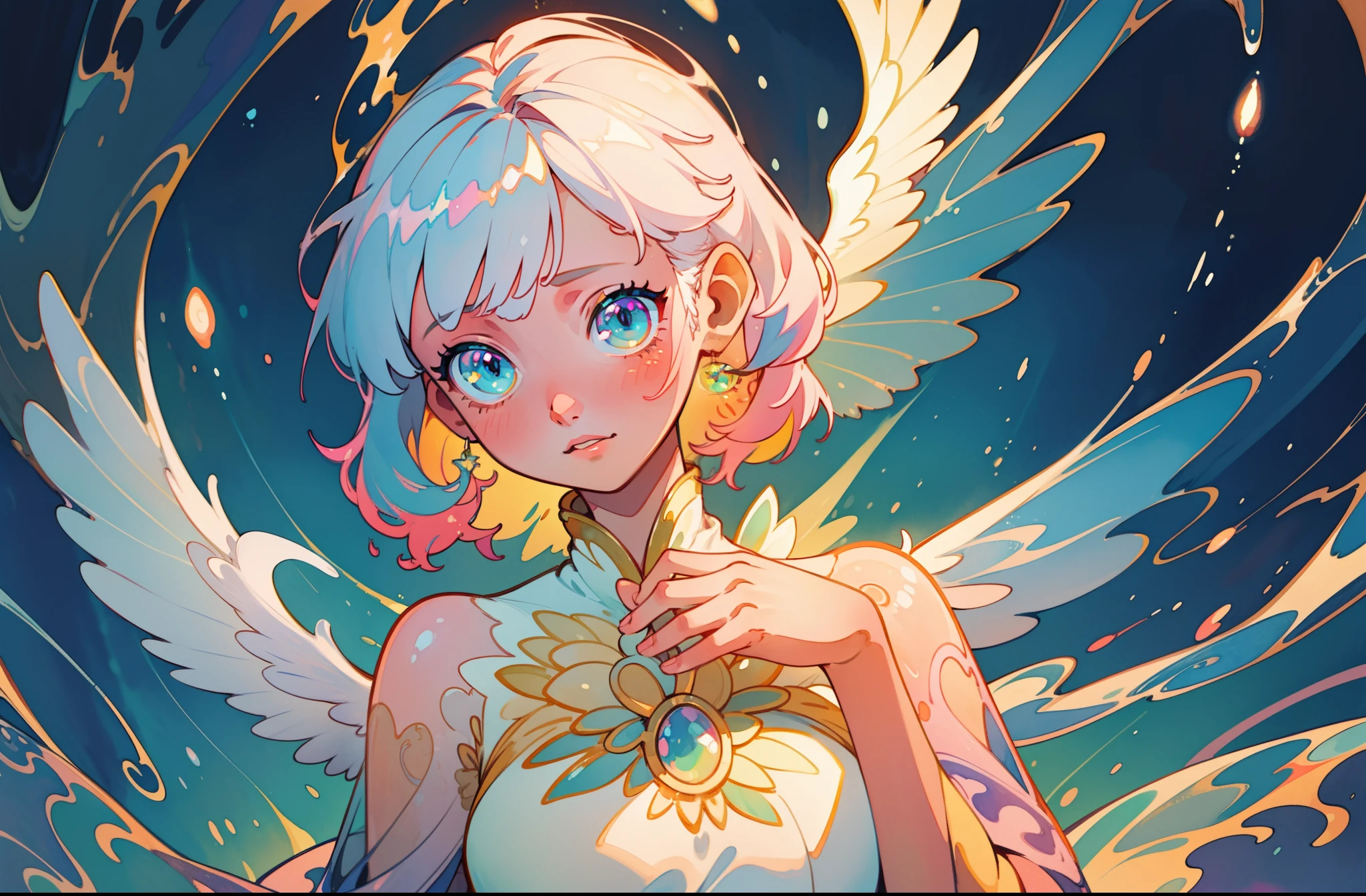 masterpiece, best quality, sharp focus, 8k, intricately detailed environment, anime, watercolor illustration, colorful, bright colors, whimsical, glowing lights, liquid otherworldly, fairy lights, beautiful girl in flowing liquid glowing dress, perfect face, golden ratio, sparkling eyes, watercolor, liquid light, angel wings