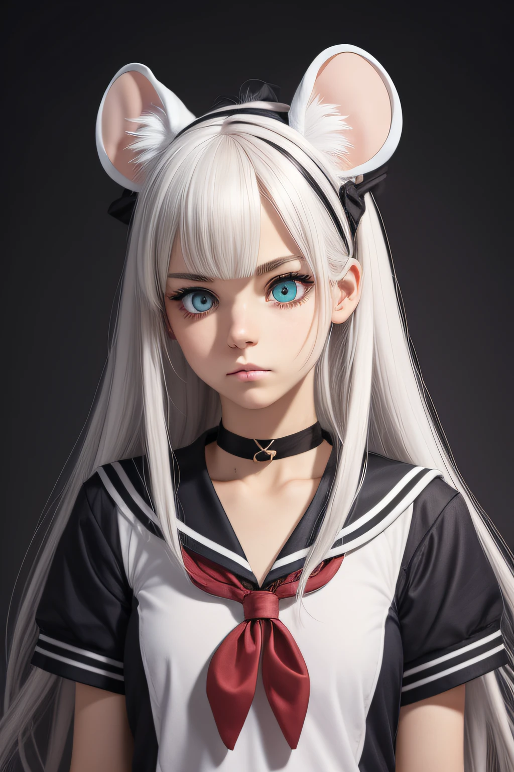 EX Choker, Animal Ears:Mouse, Clothing:Sailor Uniform, Eyes:EX Heterochromia, Facial Expression:Disgusted, Hair Accessories:EX Headband, Hair Length:Medium, Hair Style:Afro, Job:EX Hacker, Skin Style:Pale