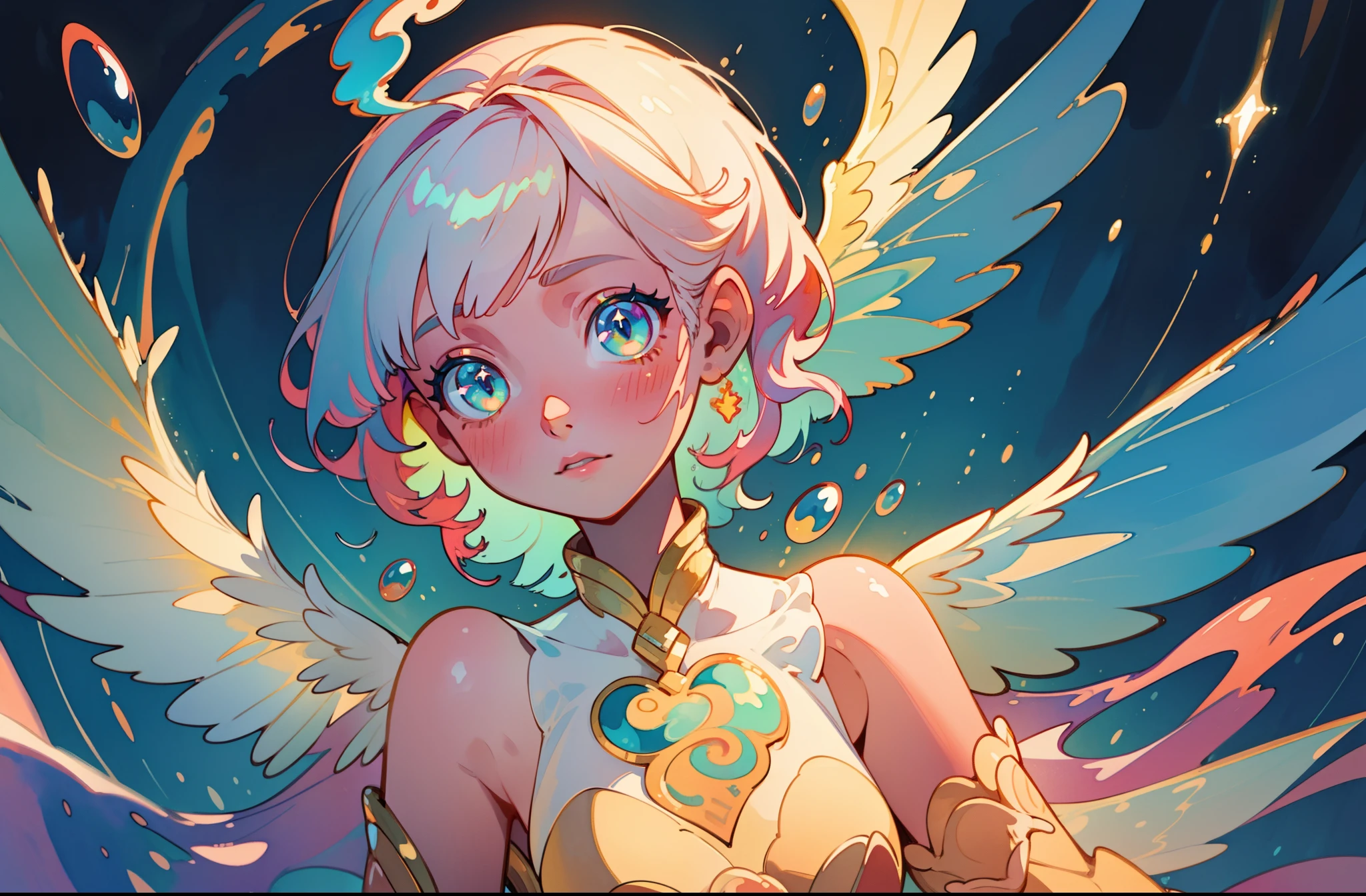 masterpiece, best quality, sharp focus, 8k, intricately detailed environment, anime, watercolor illustration, colorful, bright colors, whimsical, glowing lights, liquid otherworldly, fairy lights, beautiful girl in flowing liquid glowing dress, perfect face, golden ratio, sparkling eyes, watercolor, liquid light, angel wings