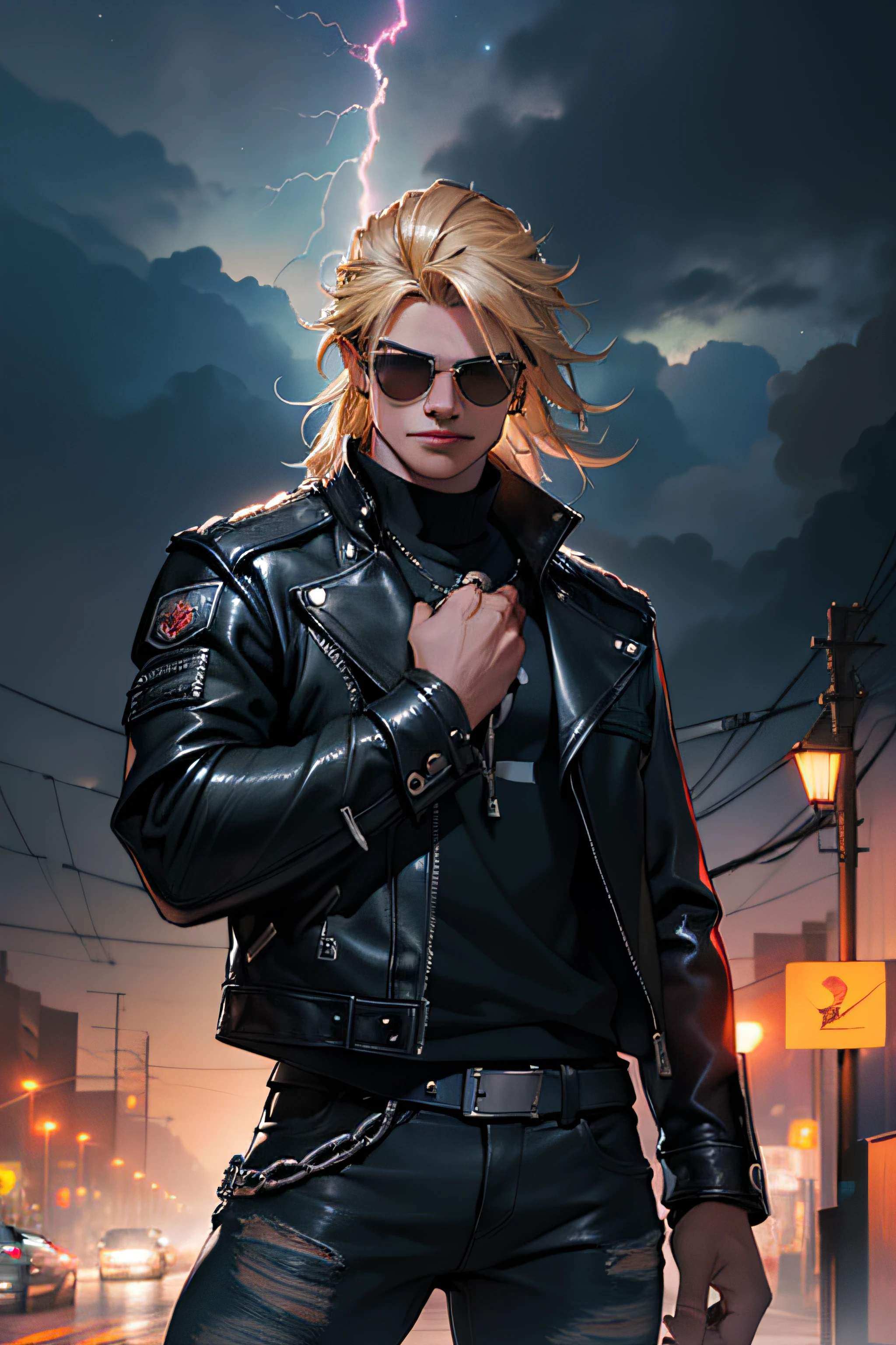 ((piece of master, obra prima, melhor qualidade)), ultra detalhado 8k, Absurdo, 1 Solo Thor wearing a studded motorcycle jacket and black jeans, (Posar: Michael Jackson), with sunglasses, raios ao redor de si, thunders, thunders , cabelo blond, cabelo longo, roupas pretas, vestes pretas, Nebula and smoke, Pano preto, both hands together holding a lightning bolt, a thunderclap, tempo fechado, tempo nublado, Tempo escuro, Cidade, raios ao redor , com o planeta terra no fundo, and lightning in the hand
