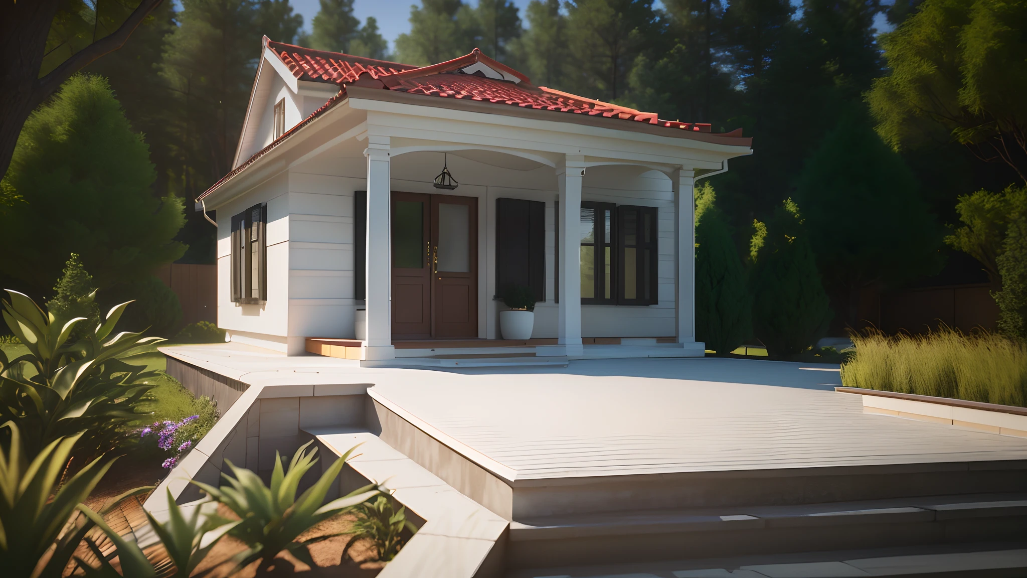 There is a small white house with a red roof and a porch, Lumion Pro Rendering, Directed by: CeFerí Olivé,renderizar 3 d, clean render, professional render, corona render, octain rendering, lumion rendering, vista externa, render corona, 3d final render, 3 d finalrender, vue 3d render, photoralistic rendering, photorender, high-quality render, 3D-rendering
