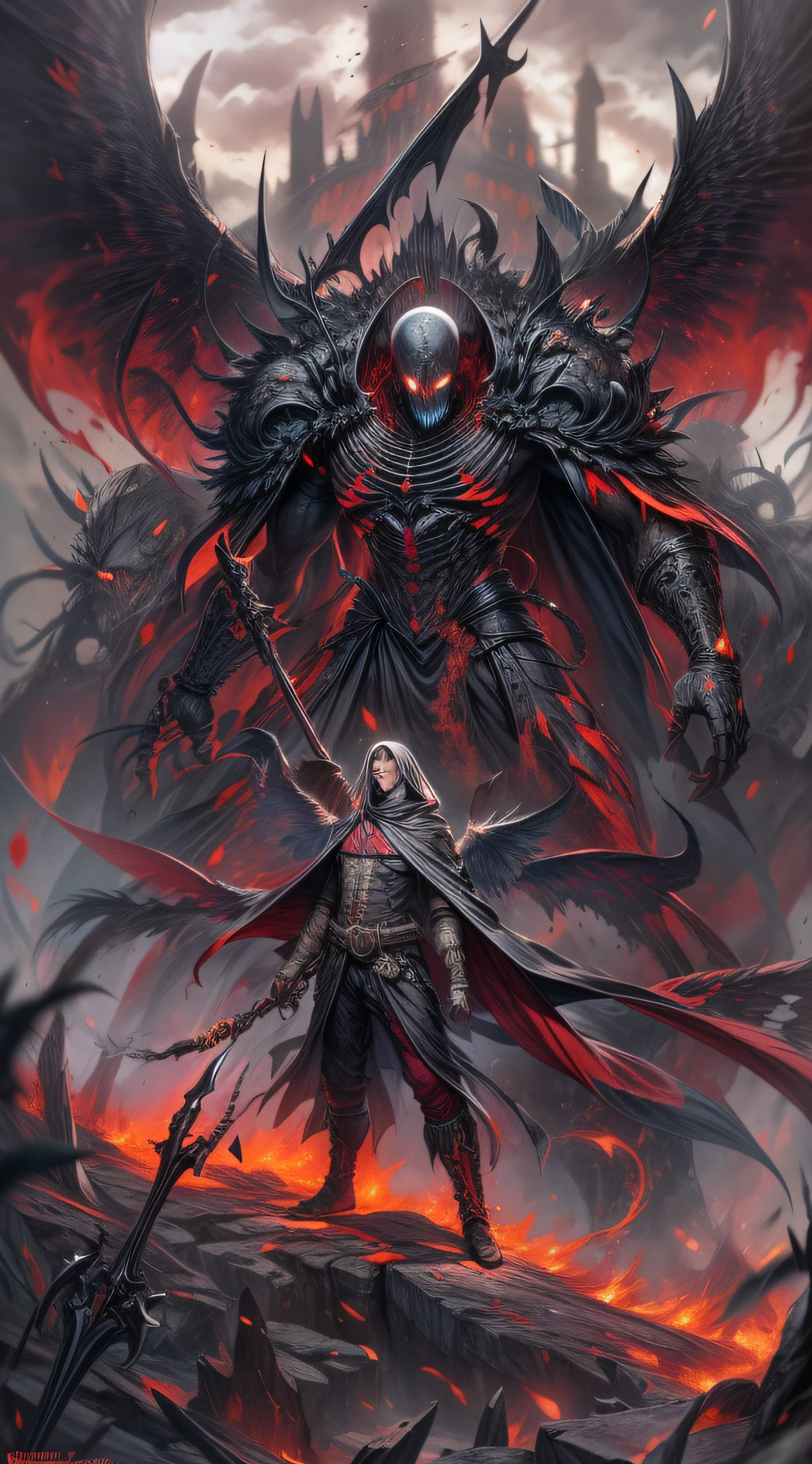 ((masterpiece)), ((best quality)), (ultra-detailed), ((extremely detailed)), 1man, scythe, shinigami known as god of death, strong, extremely robust, eyes red, eyes emitting glow intense, body emanating energy, body emanating steam, gigantic black wings on his back, extremely serious look, very detailed image, place full of lava, hot, apocalyptic, morbid. The ground covered with human bones in great numbers.