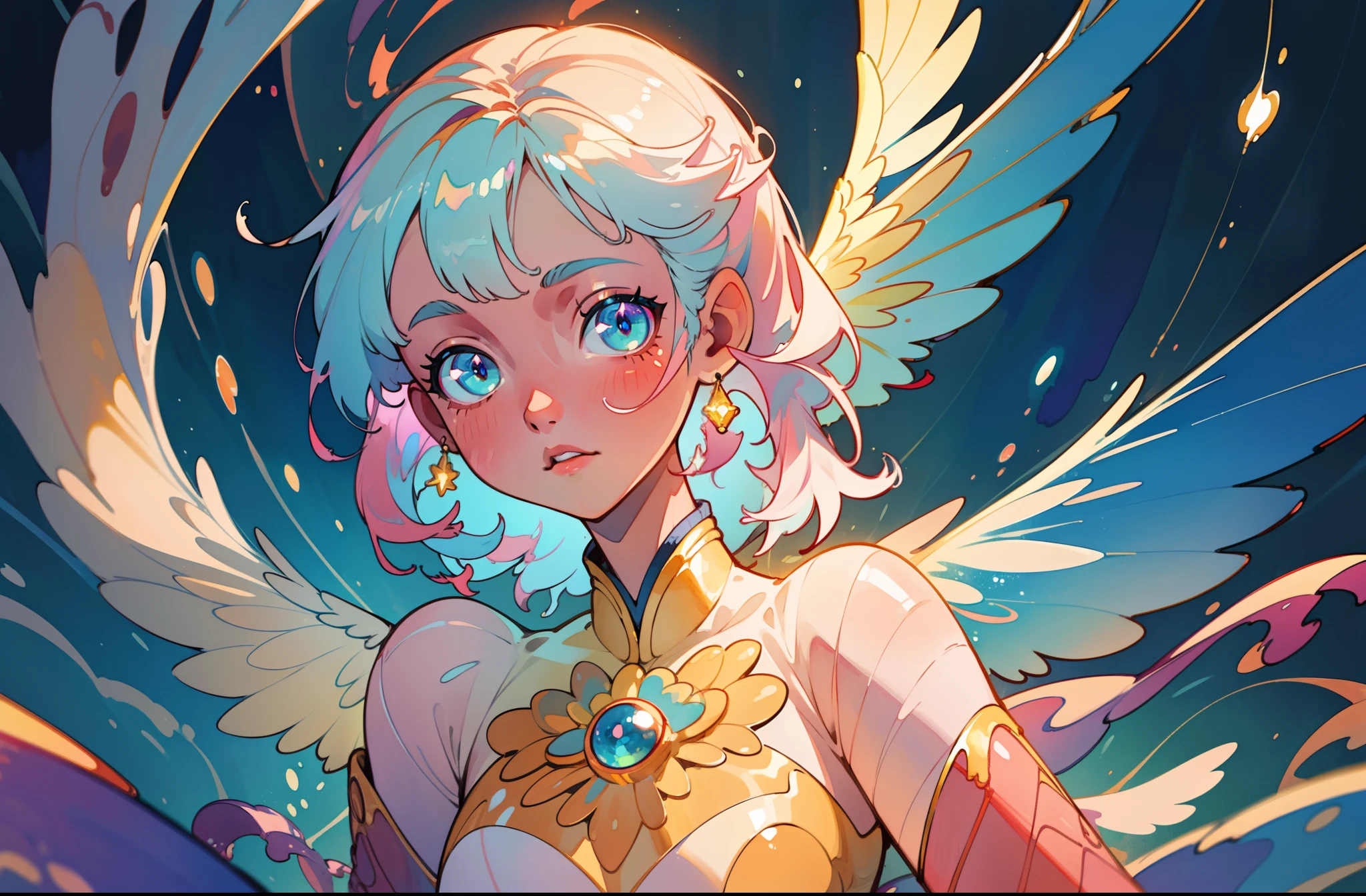 masterpiece, best quality, sharp focus, 8k, intricately detailed environment, anime, watercolor illustration, colorful, bright colors, whimsical, glowing lights, liquid otherworldly, fairy lights, beautiful girl in flowing liquid glowing dress, perfect face, golden ratio, sparkling eyes, watercolor, liquid light, angel wings