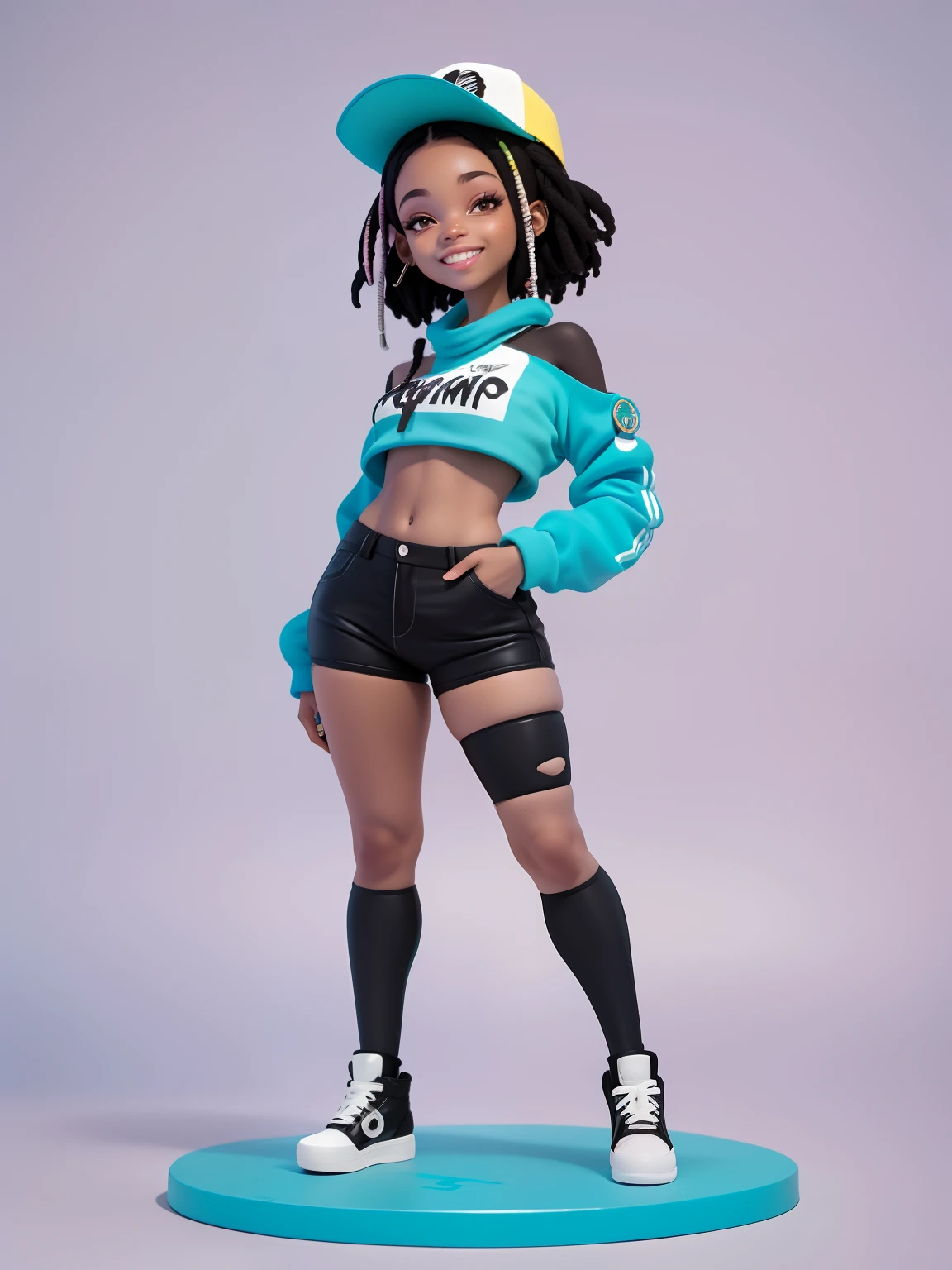 Avatar menina negra, hip Hop, sorriso claro, corpo inteiro, cabelo mesclado, moderno, Modern accessories, fundo tom pastel , colorido e simples.