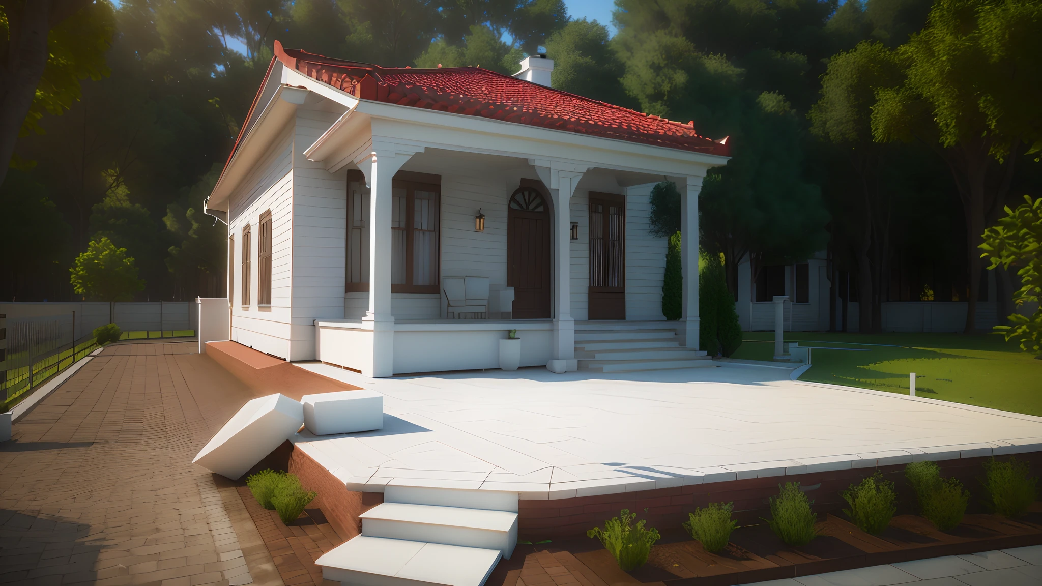 There is a small white house with a red roof and a porch, Lumion Pro Rendering, Directed by: CeFerí Olivé,renderizar 3 d, clean render, professional render, corona render, octain rendering, lumion rendering, vista externa, render corona, 3d final render, 3 d finalrender, vue 3d render, photoralistic rendering, photorender, high-quality render, 3D-rendering