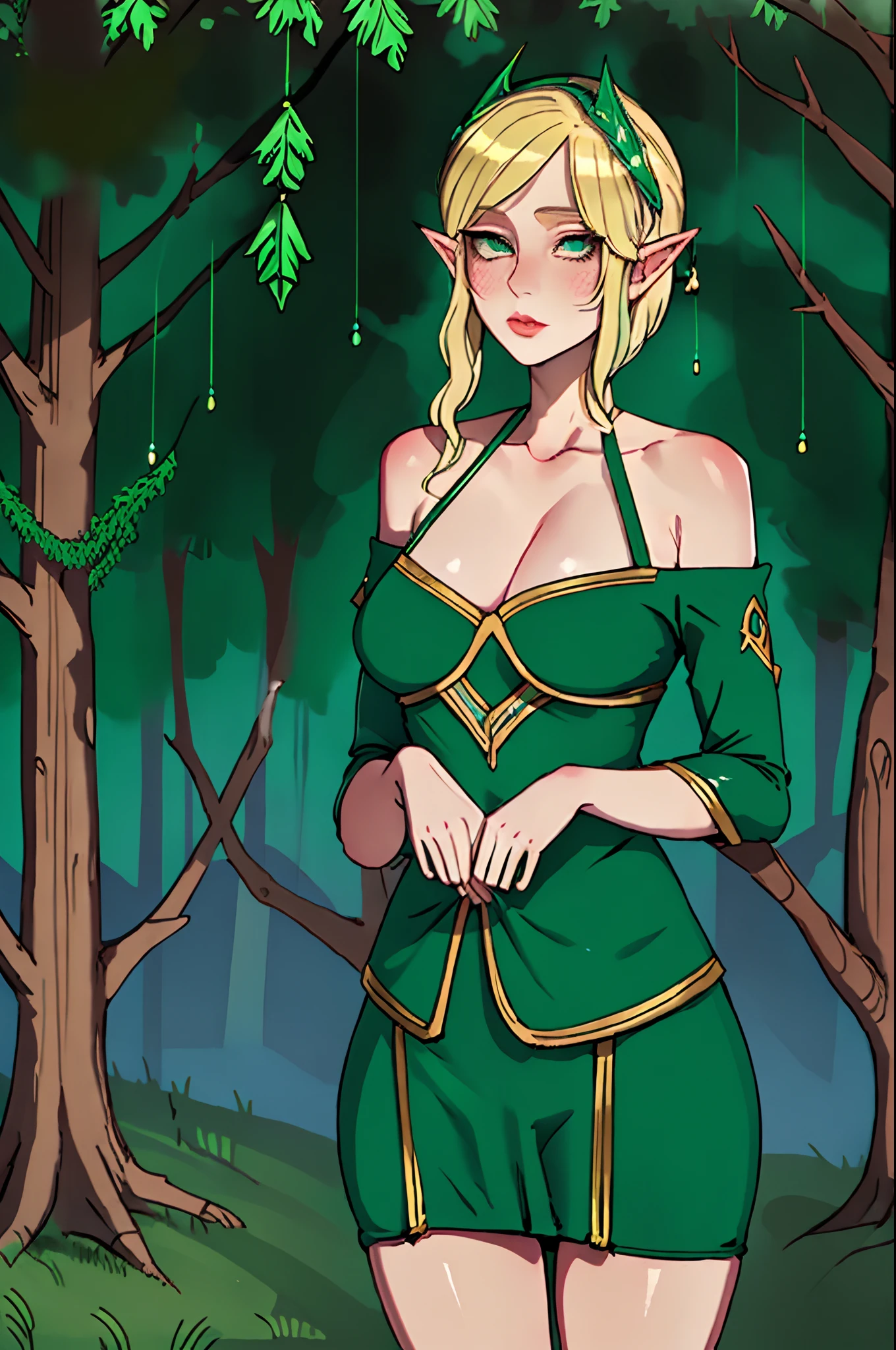 "Beautiful young elf girl, wearing an unrevealing and conservative green dress, standing innocently in a elfish village decorated with elfish ornamentation and patterns, blonde hair, green eyes, elf ears, best quality, masterpiece, ultra-detailed, award winning art"