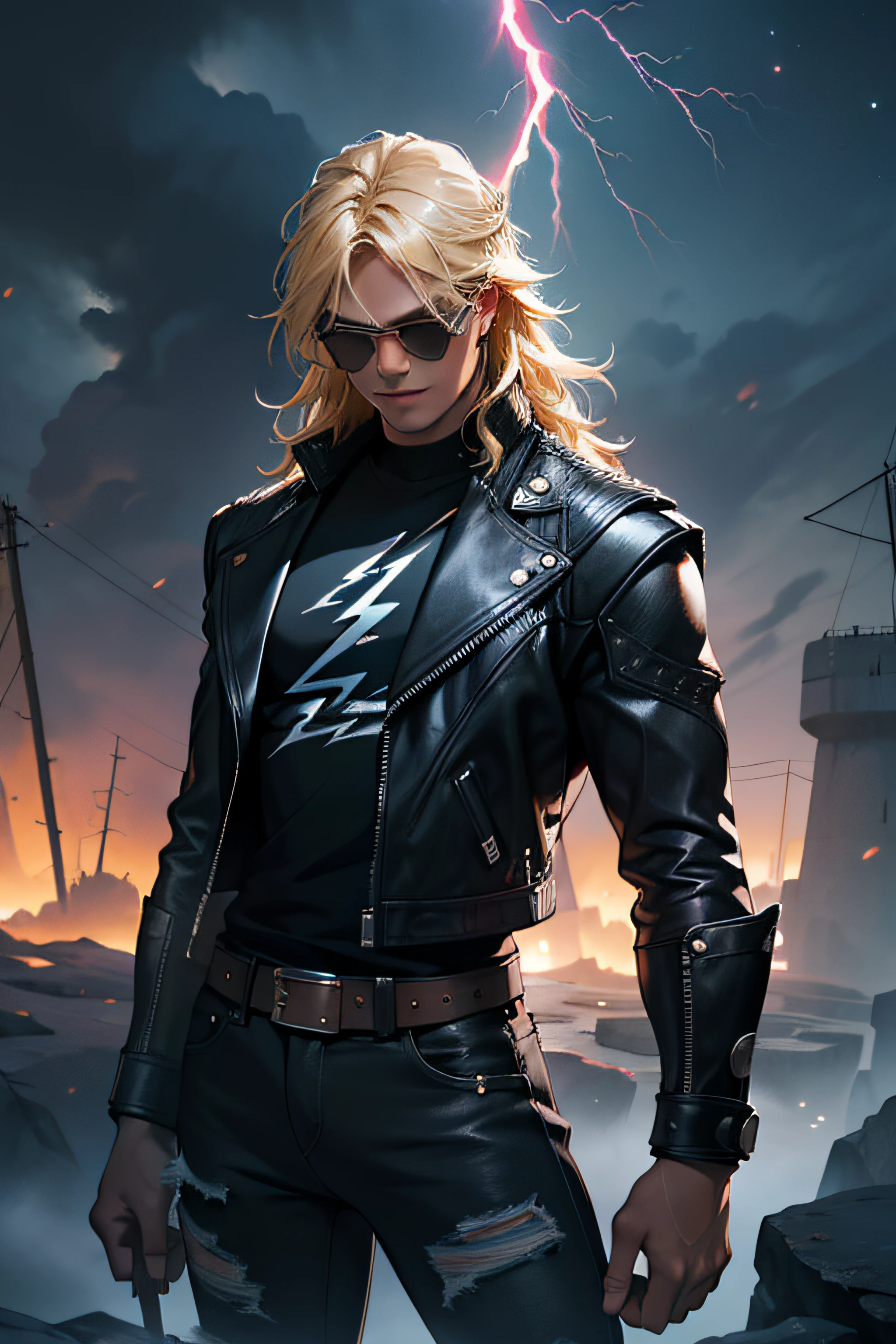 (master piece, obra prima, melhor qualidade), absurdos, 1 solo Thor with leather jaketa clothes and black jeans, (pose: Michael Jackson), with sunglasses, raios ao redor de si, thunders, thunders , cabelo blond, cabelo longo, roupas pretas, vestes pretas, Nebula and smoke, pano preto, both hands together holding a lightning bolt, a thunder, tempo fechado, tempo nublado, Tempo escuro, Cidade, raios ao redor , com o planeta terra no fundo, and lightning in the hand
