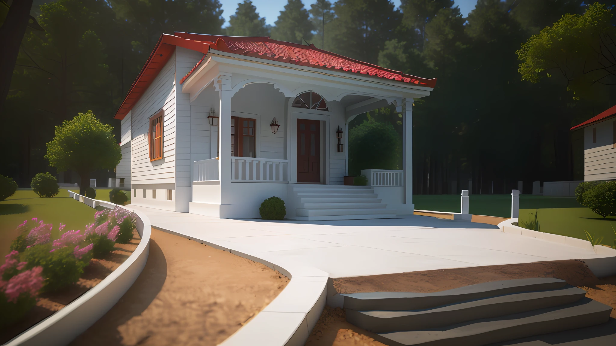 There is a small white house with a red roof and a porch, Lumion Pro Rendering, Directed by: CeFerí Olivé,renderizar 3 d, clean render, professional render, corona render, octain rendering, lumion rendering, vista externa, render corona, 3d final render, 3 d finalrender, vue 3d render, photoralistic rendering, photorender, high-quality render, 3D-rendering
